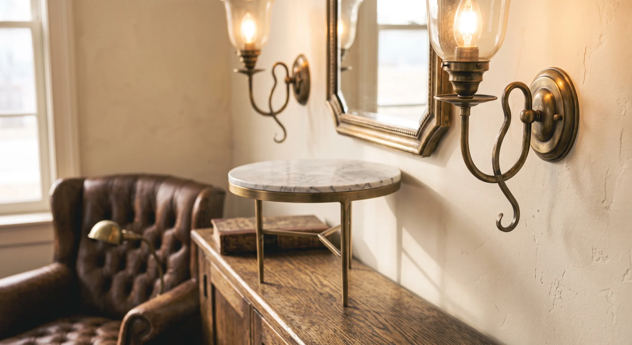 A pair of brass wall sconces flanking a mirror above a console table, warm ambient light glowing softly from each fixture, close angled shot emphasizing the sconces' curved arms and aged brass finish.