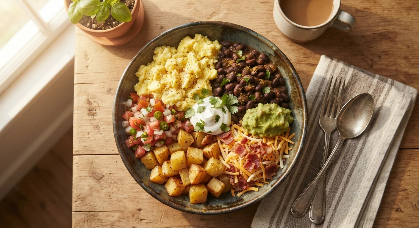 Overhead shot of a breakfast burrito bowl with scrambled eggs, black beans, roasted potatoes, cheese, and salsa arranged in sections, warm morning kitchen light, hearty homestyle breakfast food photography composition.