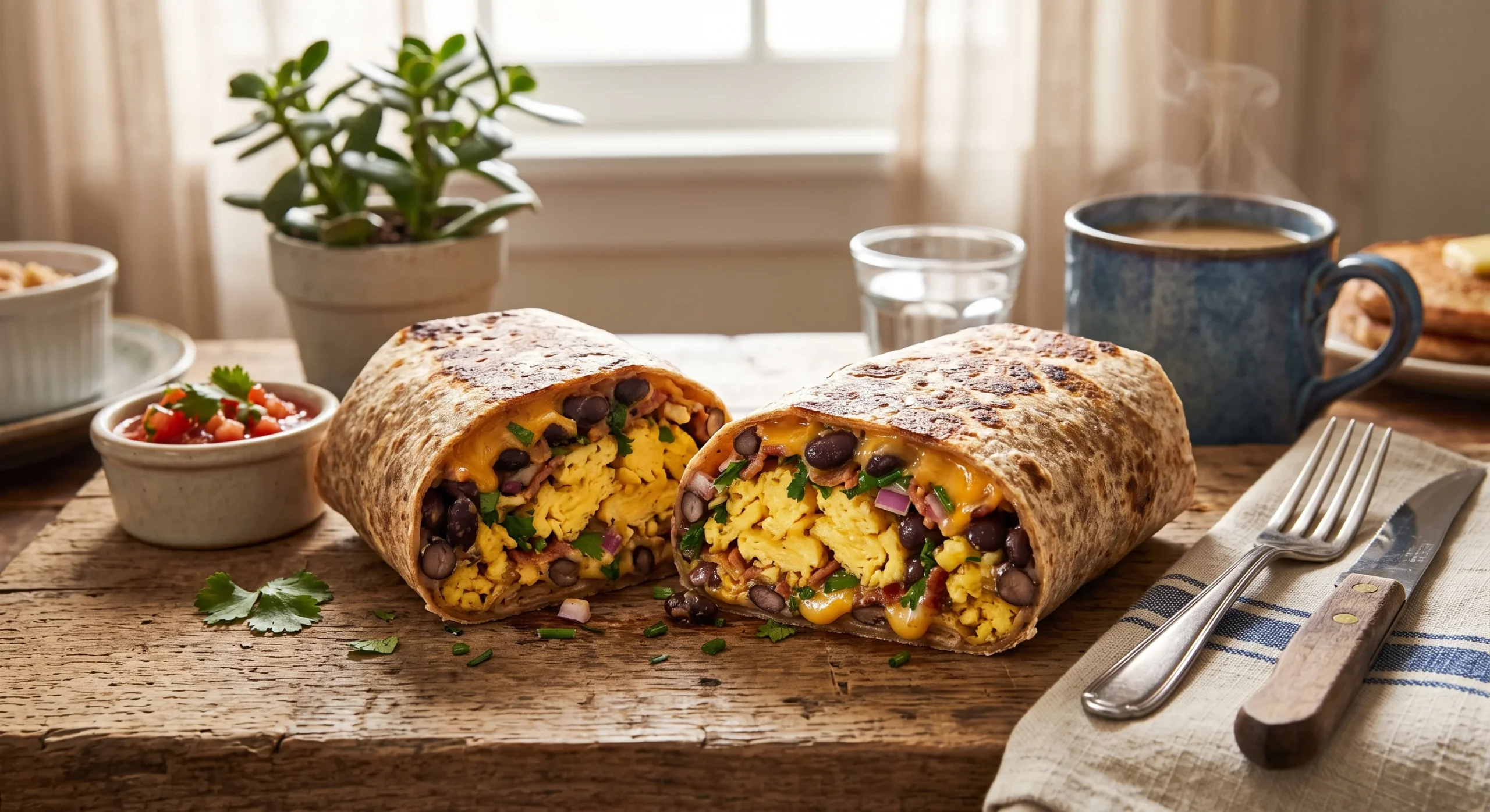 A large tortilla filled with scrambled eggs, black beans, and melted cheese, half wrapped and half open showing the filling, warm morning light, close hearty breakfast composition.