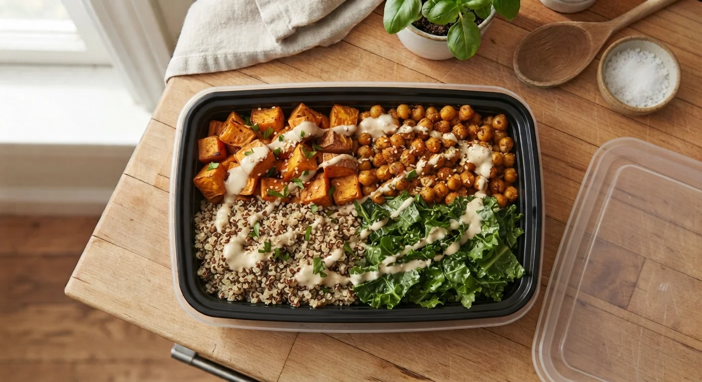 Overhead shot of a colorful vegetarian Buddha bowl meal prep container with roasted sweet potato, chickpeas, kale, and quinoa arranged in sections, tahini drizzle visible, natural light, wholesome homestyle food photography.