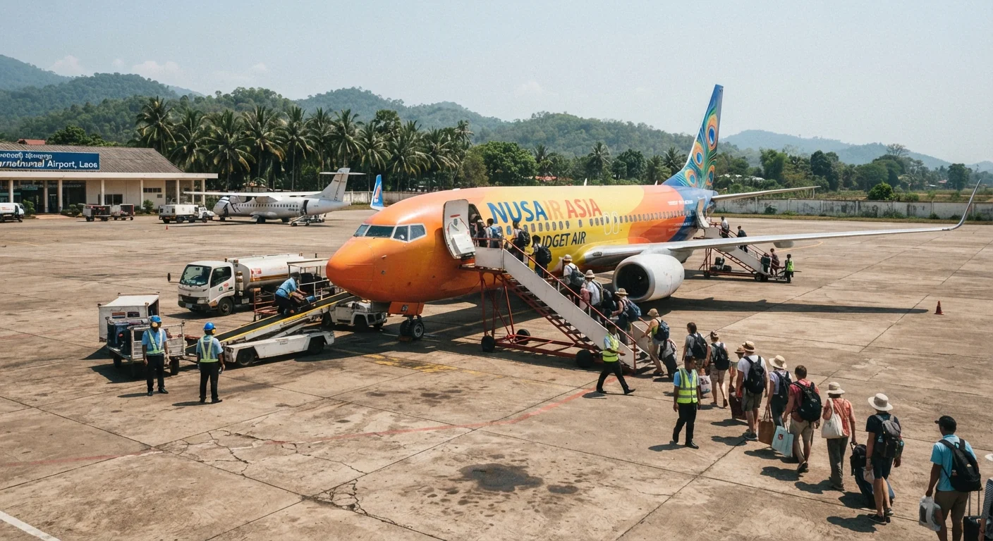 Wide shot of a budget airline aircraft on the tarmac at a regional Southeast Asian airport, passengers boarding via a mobile staircase, bright midday sun, colorful airline livery, documentary travel photography style with visible ground crew activity.