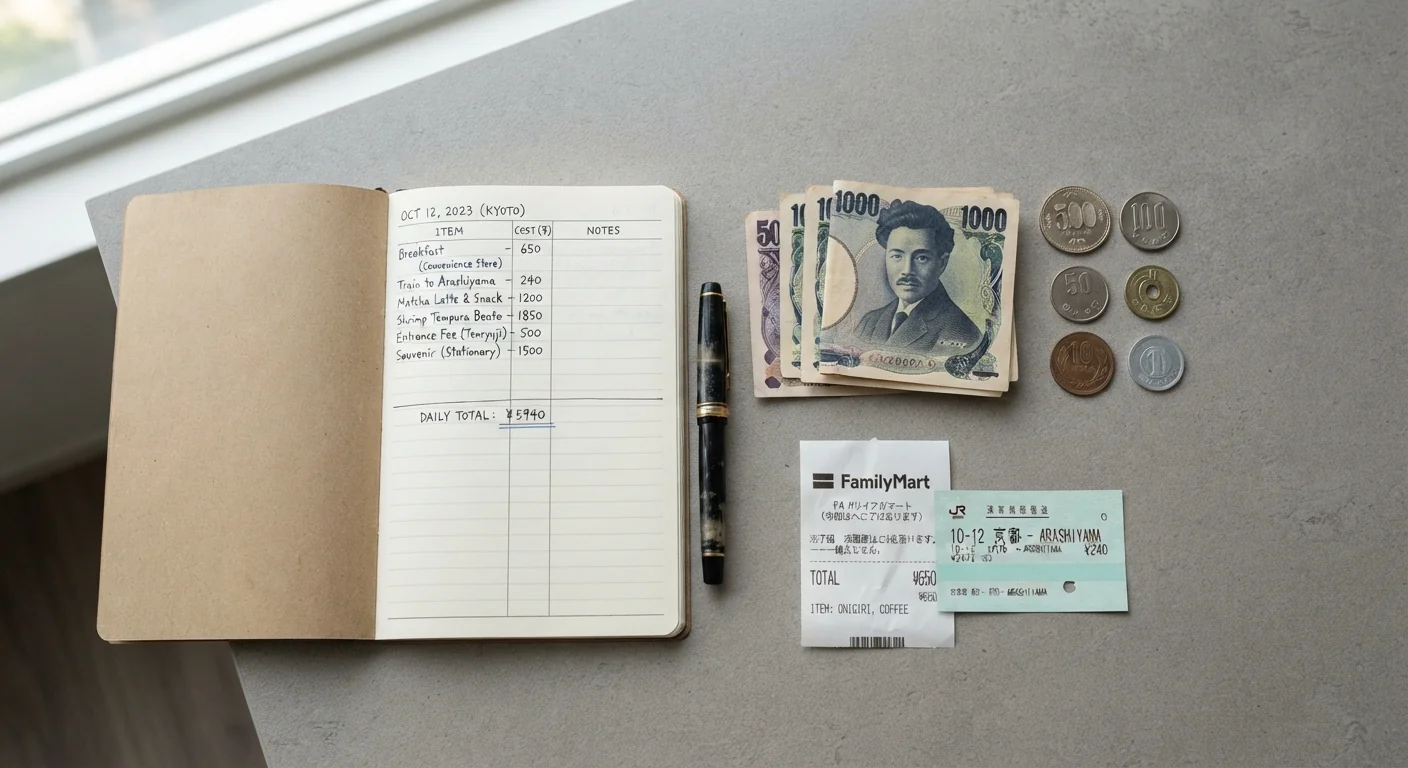 Flat lay of Japanese yen coins and small bills arranged next to a handwritten daily budget notebook page, train ticket stub, and a small receipt, soft natural window light, neutral gray desk surface, top-down editorial composition.