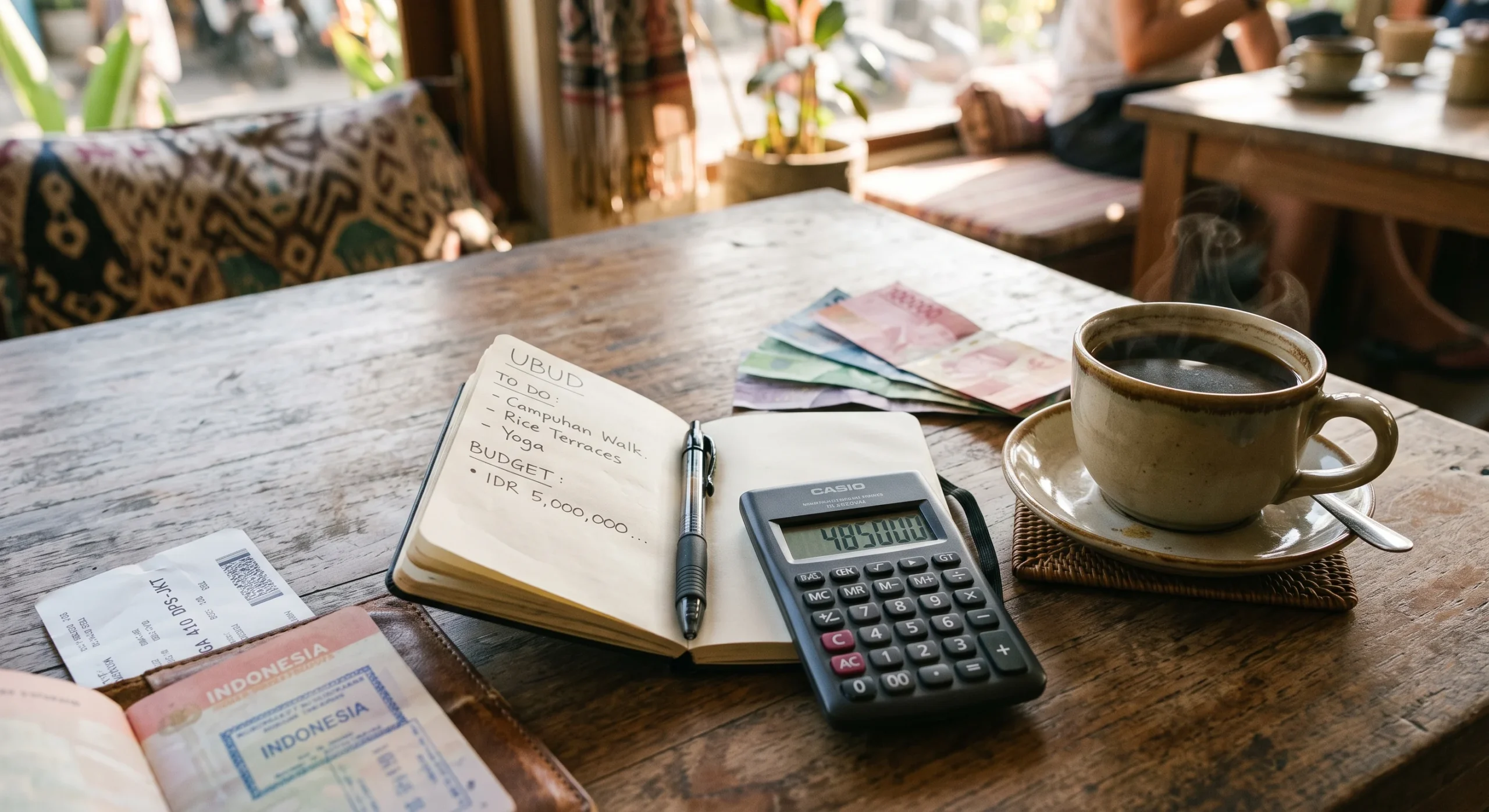 A small notebook and calculator resting on a café table beside a cup of coffee and a handful of Indonesian rupiah notes, warm afternoon light, travel documents visible at the edge of frame, practical trip-planning still life composition.
