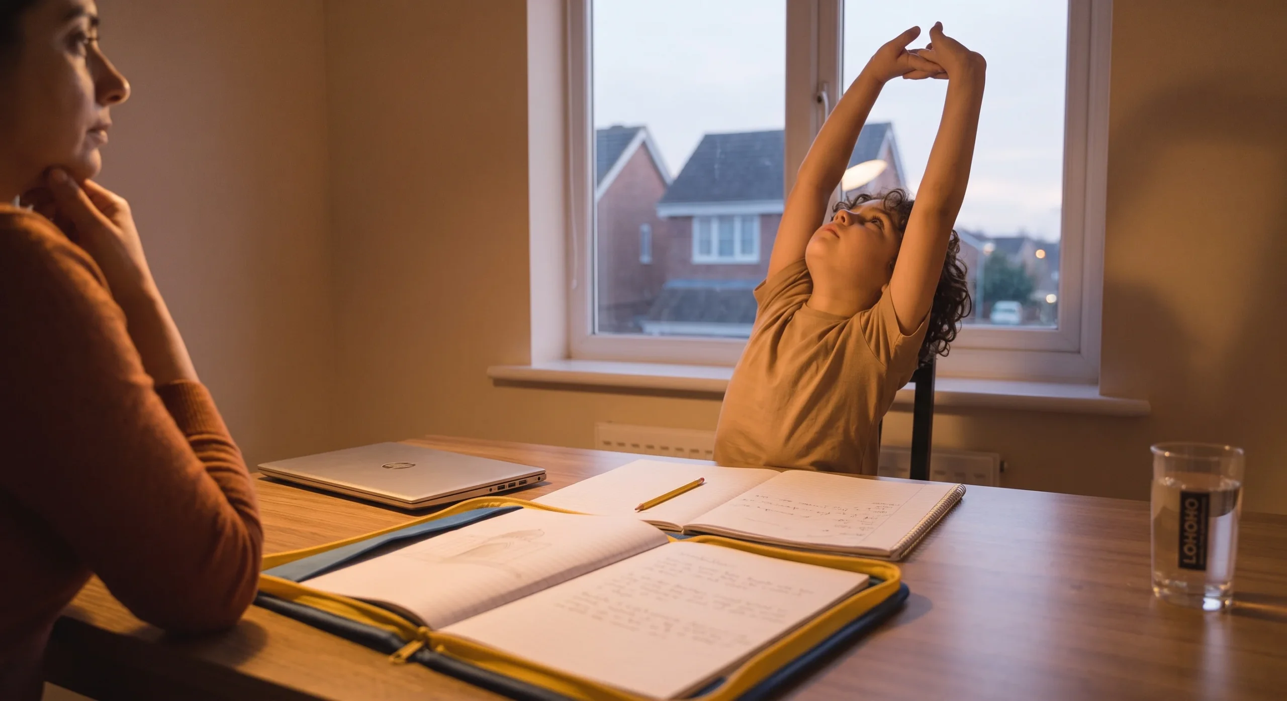 A child stretching with arms overhead beside an open notebook on a table, mid-break between assignments, warm natural light through a window, close angled shot capturing the stretch and the paused homework.
