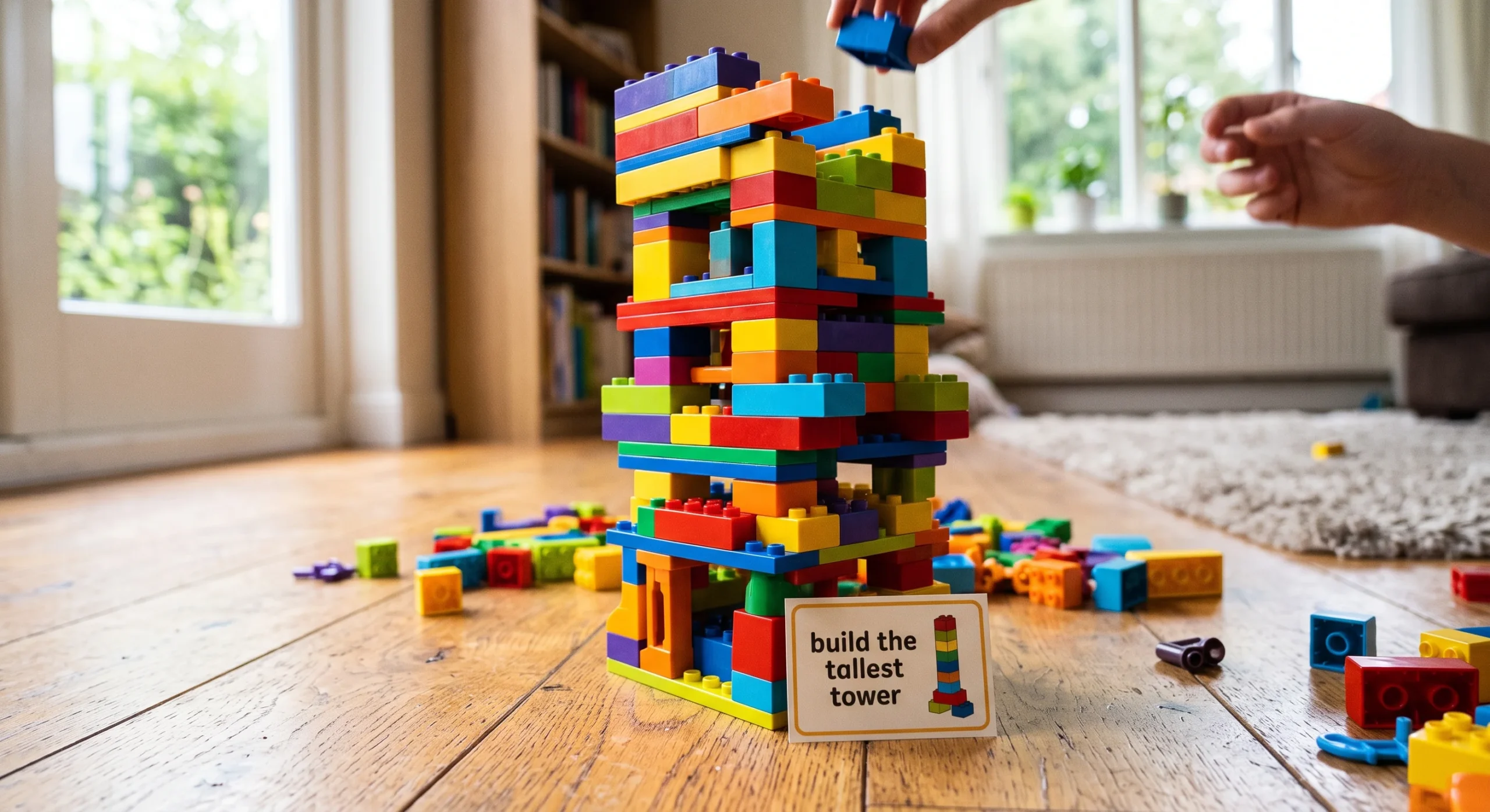 A colorful tower of interlocking building blocks mid-construction on a wooden floor, a printed challenge card nearby reading 'build the tallest tower', soft natural light, low angled shot emphasizing the tower's height and structural detail.