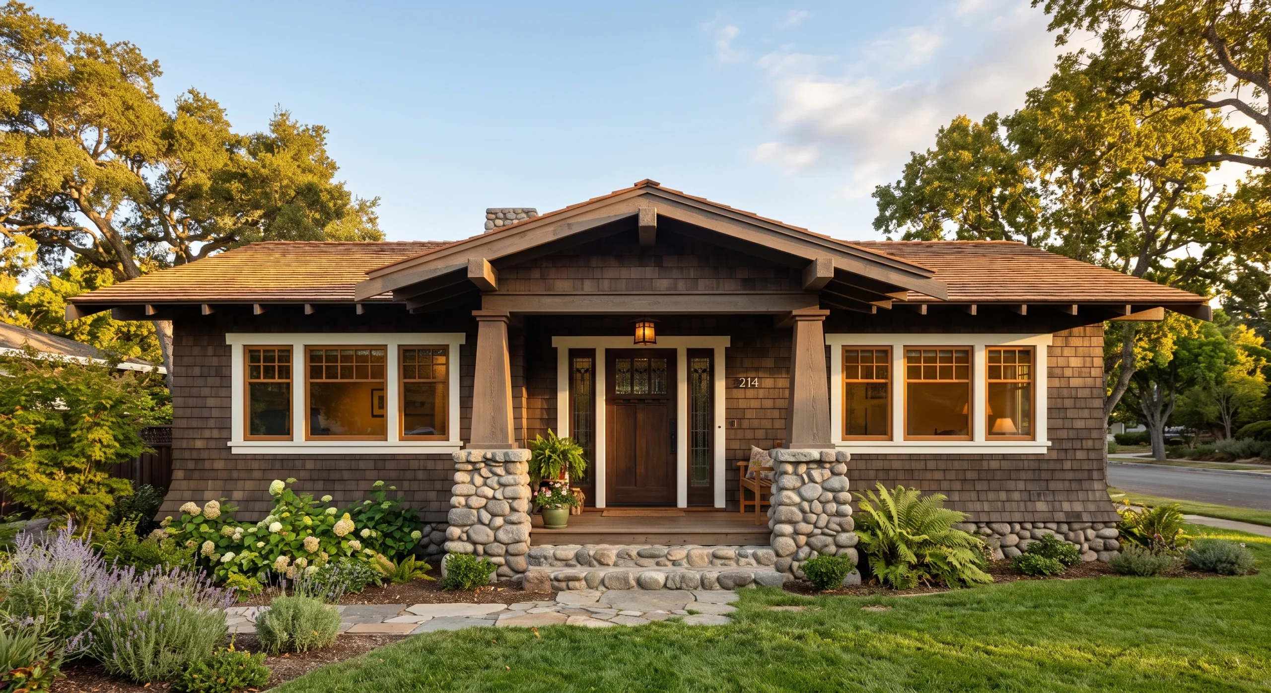 A single-story Bungalow with a low-pitched gabled roof, a small covered front porch with tapered columns, wide eaves, compact horizontal massing, warm afternoon light, straight-on shot emphasizing the low, ground-hugging profile.