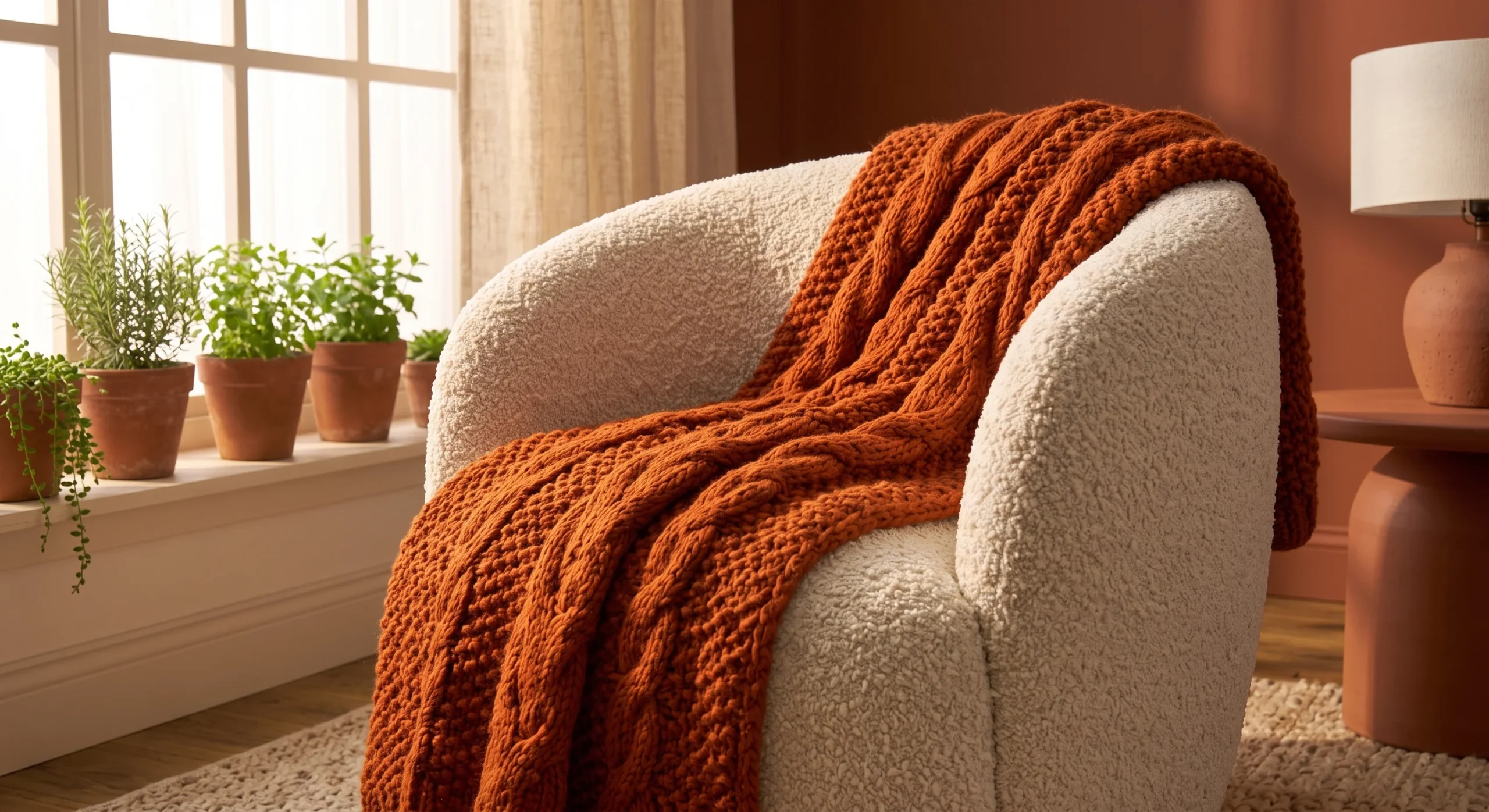 A burnt orange knit throw draped over the arm of a cream sofa, warm afternoon light emphasizing the throw's rich, saturated tone against the neutral fabric beneath it.