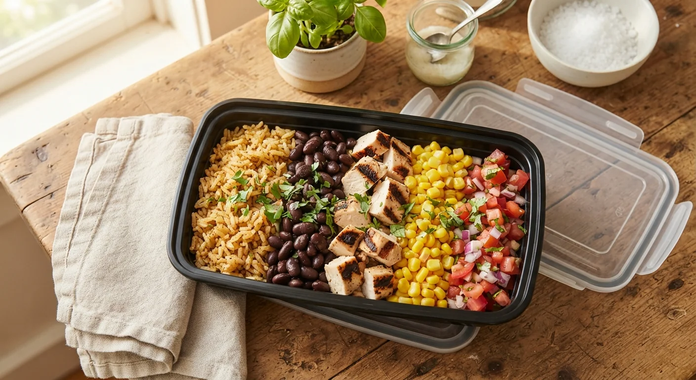 Overhead shot of a colorful burrito bowl meal prep container with seasoned rice, black beans, grilled chicken, corn, and salsa arranged in neat sections, warm natural light, vibrant homestyle food photography.