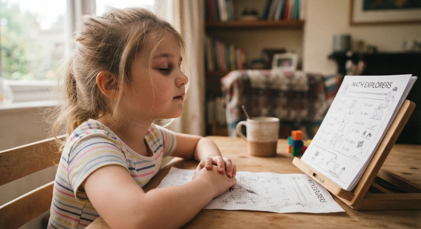 A child sitting at a desk with eyes closed taking a slow breath before a worksheet, soft window light, close angled shot capturing the calm pause before starting.
