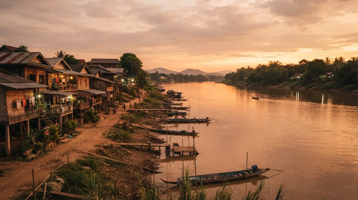 Wide shot of a quiet riverside town in rural Cambodia at sunset, wooden guesthouses along the water, a few local boats moored nearby, warm golden light reflecting off the river, peaceful documentary travel composition.