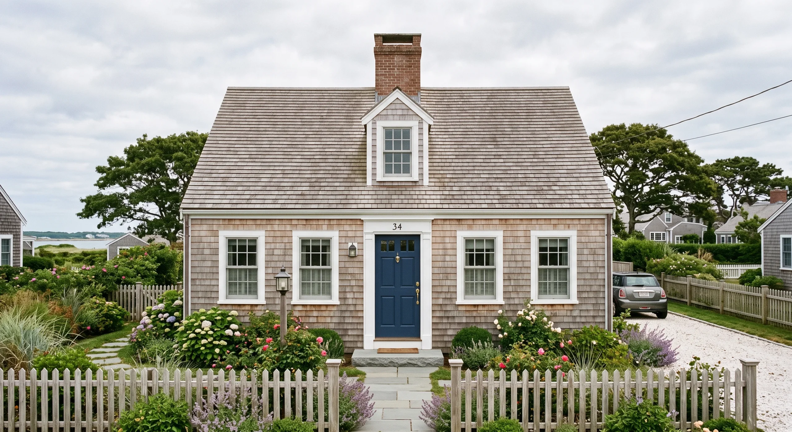 A compact Cape Cod cottage with a steep symmetrical gabled roof, a centered front door, small-paned windows flanking a brick chimney at the ridge, cedar shingle siding, soft coastal light, straight-on symmetrical elevation shot.