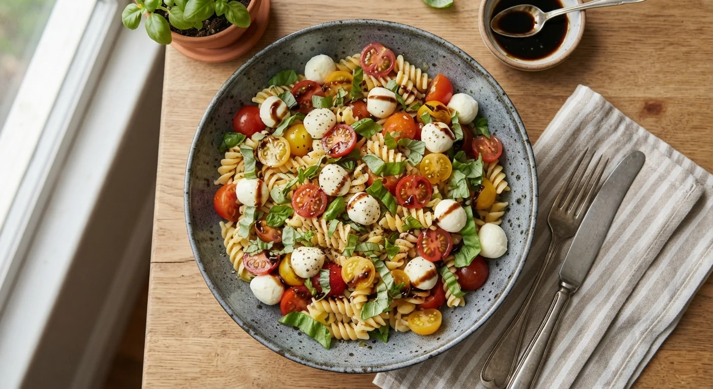Overhead shot of a caprese pasta bowl with rotini pasta, cherry tomatoes, fresh mozzarella pearls, and basil, a light balsamic drizzle, natural daylight, fresh Italian-inspired homestyle food photography composition.