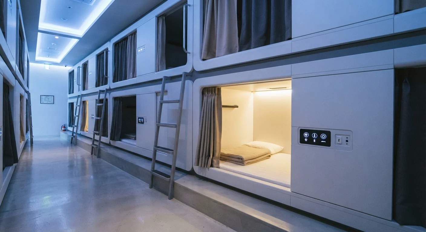 Interior view of a row of capsule hotel pods stacked two high, soft blue ambient lighting, small privacy curtains partially drawn, minimalist design with control panels visible inside one open pod, clean modern documentary style.
