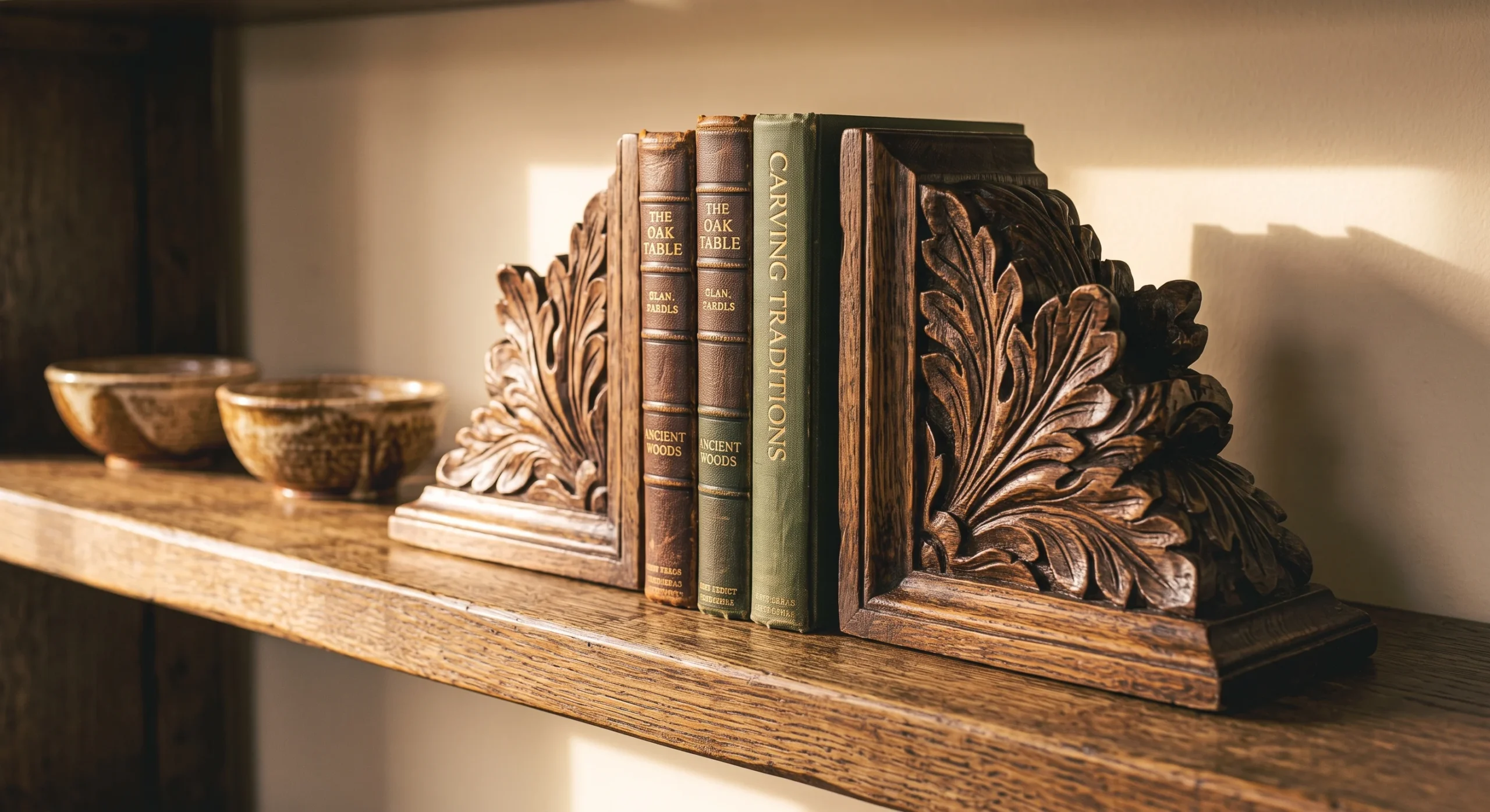 A pair of carved wood bookends flanking a small stack of hardcover books on a shelf, warm natural light emphasizing the carved detail and wood grain, close angled shot showing the bookends' sculptural shape.