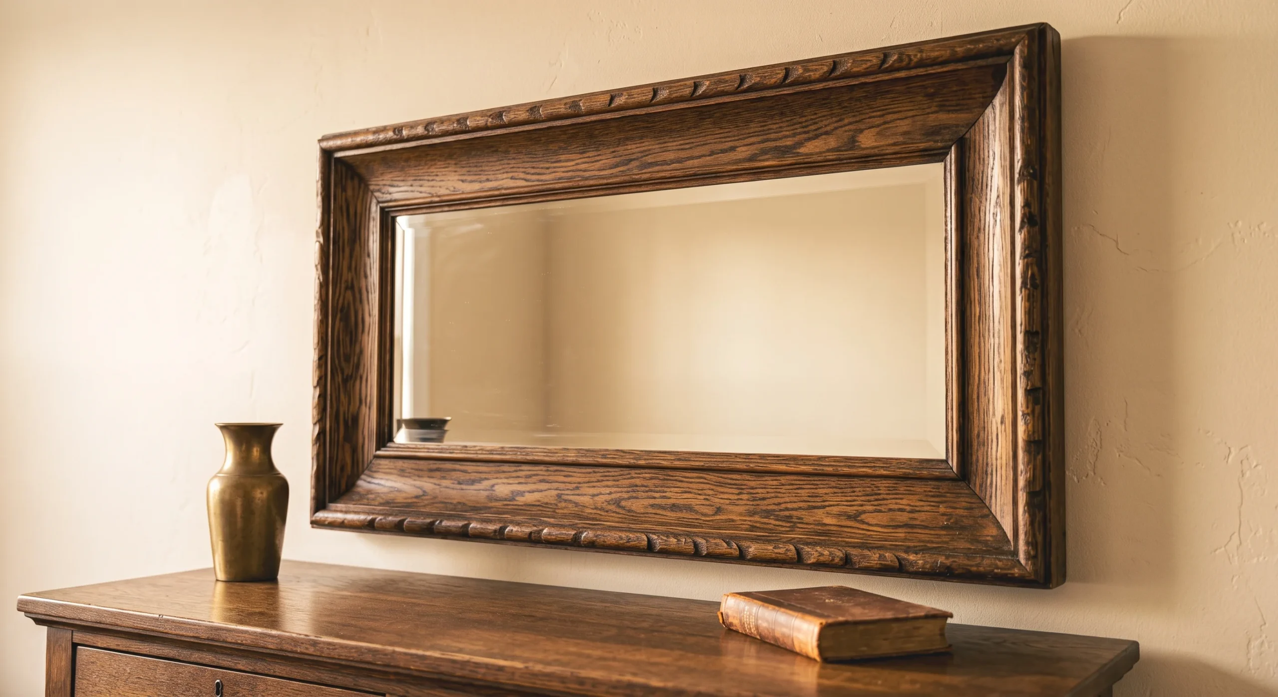 A single large carved wood frame mounted around a plain mirror above a dresser, warm natural light emphasizing the deep wood grain and carved edge pattern, close angled shot showing the frame's texture against a plain wall.