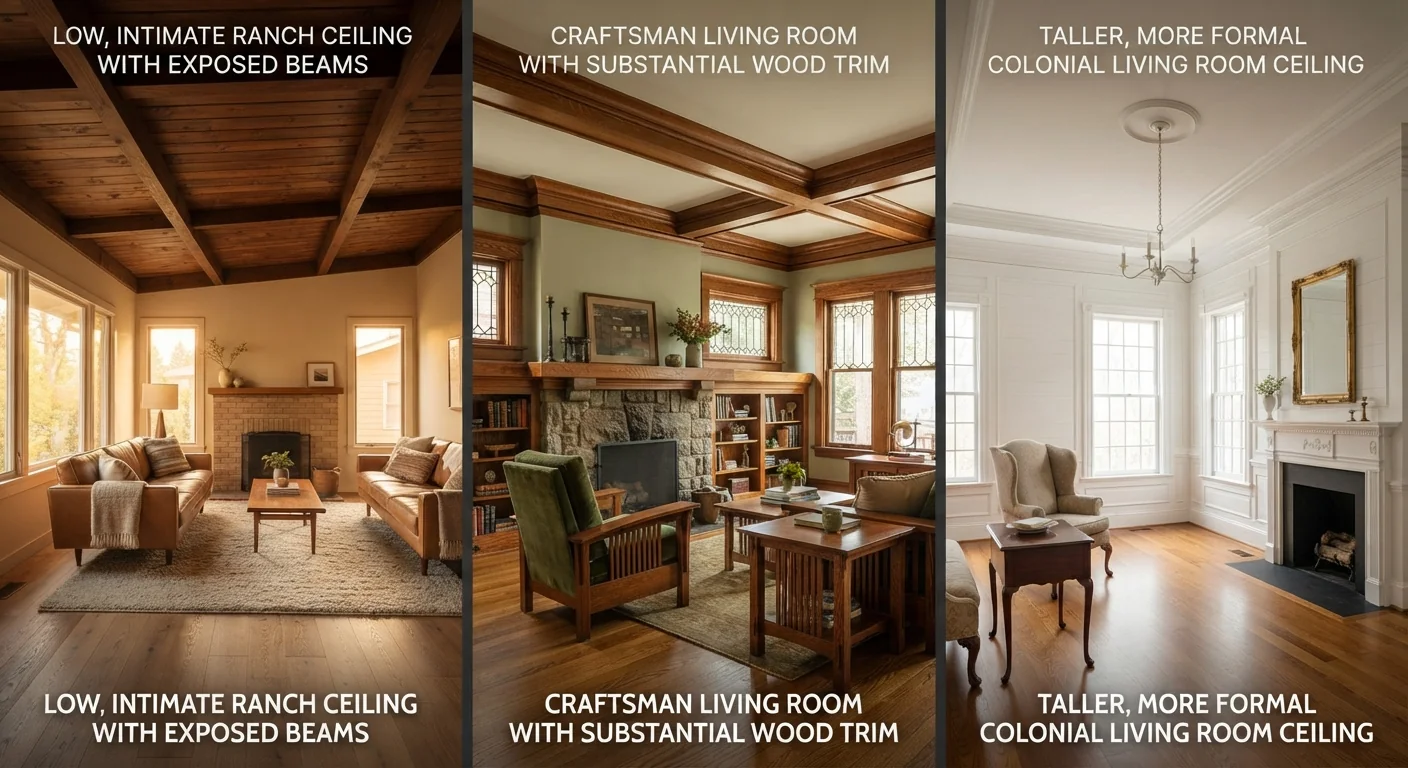Interior architectural photograph comparing living room ceiling heights: a low, intimate ranch ceiling with exposed beams, a Craftsman living room with substantial wood trim near the ceiling line, and a taller, more formal Colonial living room ceiling, warm natural interior lighting throughout.