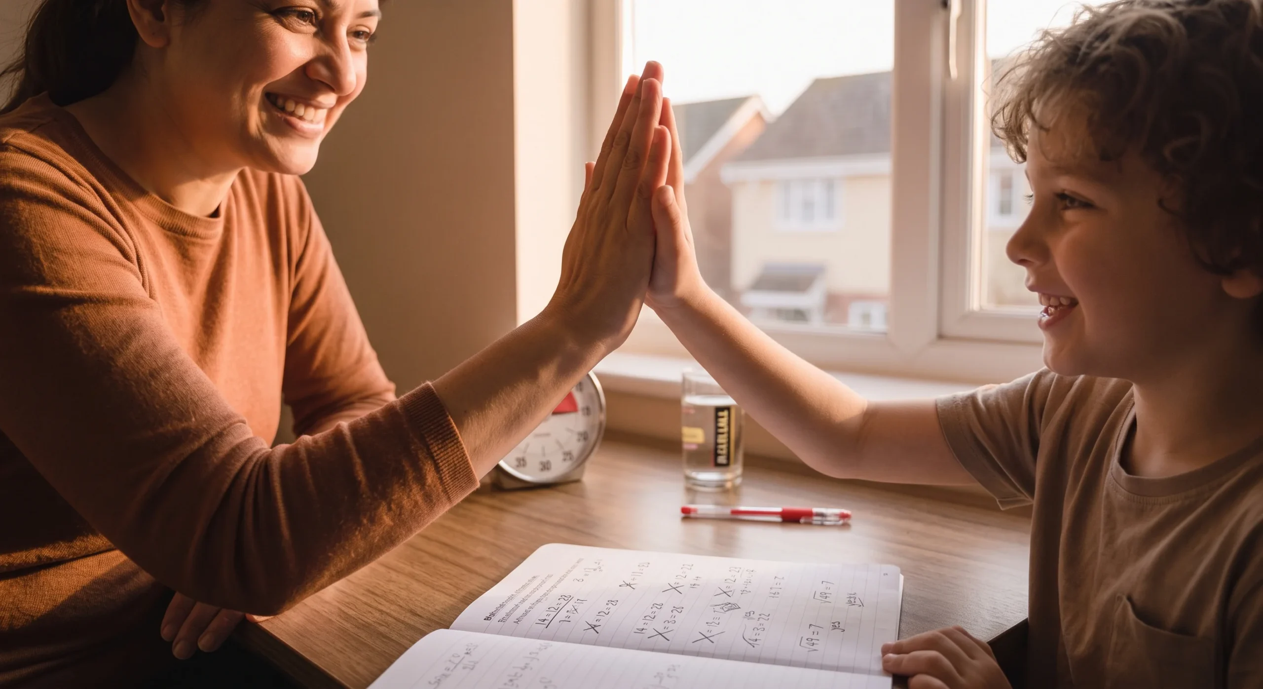 A parent giving a genuine high-five to a child over a completed worksheet with a few crossed-out corrections still visible, warm evening light, close shot emphasizing the celebratory gesture rather than the grade itself.