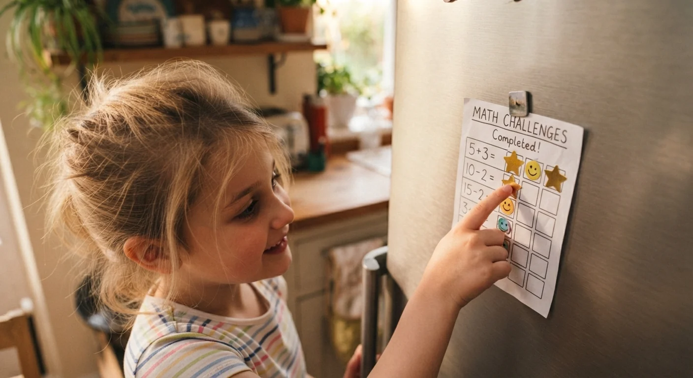 A small sticker chart on a fridge marking completed math challenges, a child pointing proudly at a new sticker, warm kitchen light, close overhead shot showing the chart clearly.