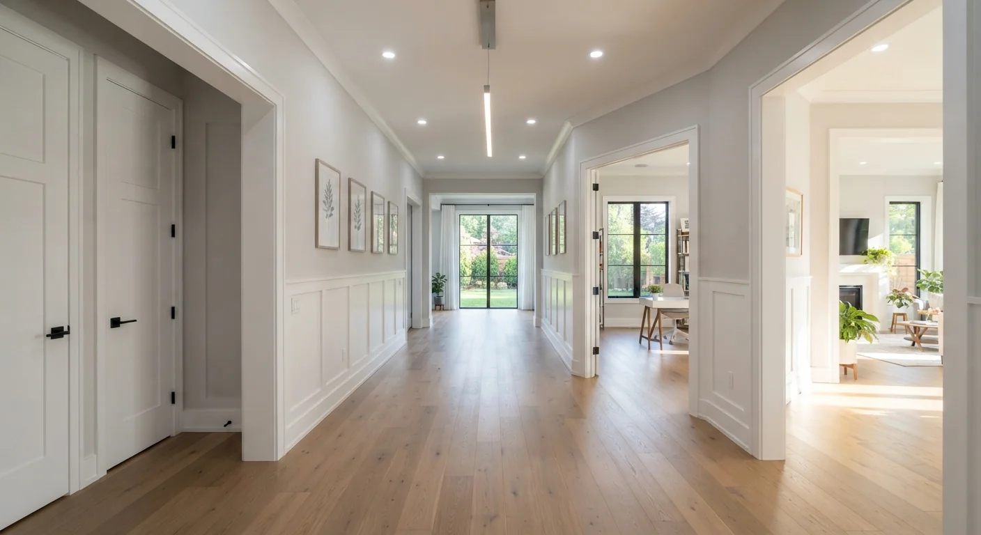Wide interior architectural shot looking down a long central hallway that runs through the middle of a single-story home, doors visible on either side, natural light spilling in from rooms along the hallway, clean symmetrical composition.
