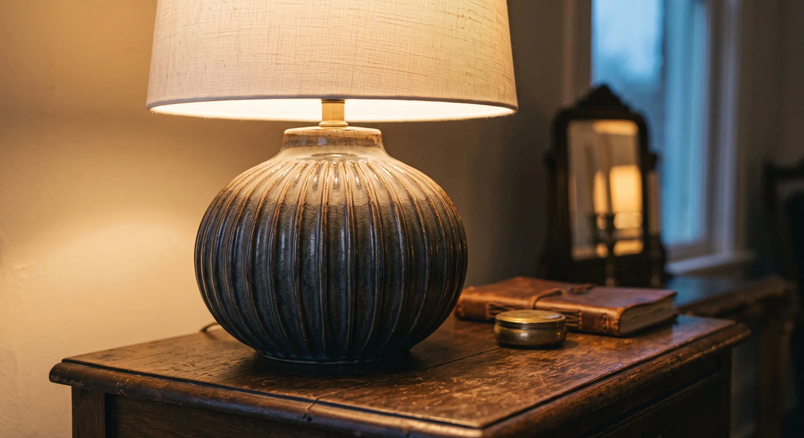 A ceramic table lamp with a fluted base and a linen drum shade on a nightstand, soft warm glow illuminating the room at dusk, close angled shot emphasizing the lamp's glazed texture and rounded silhouette.