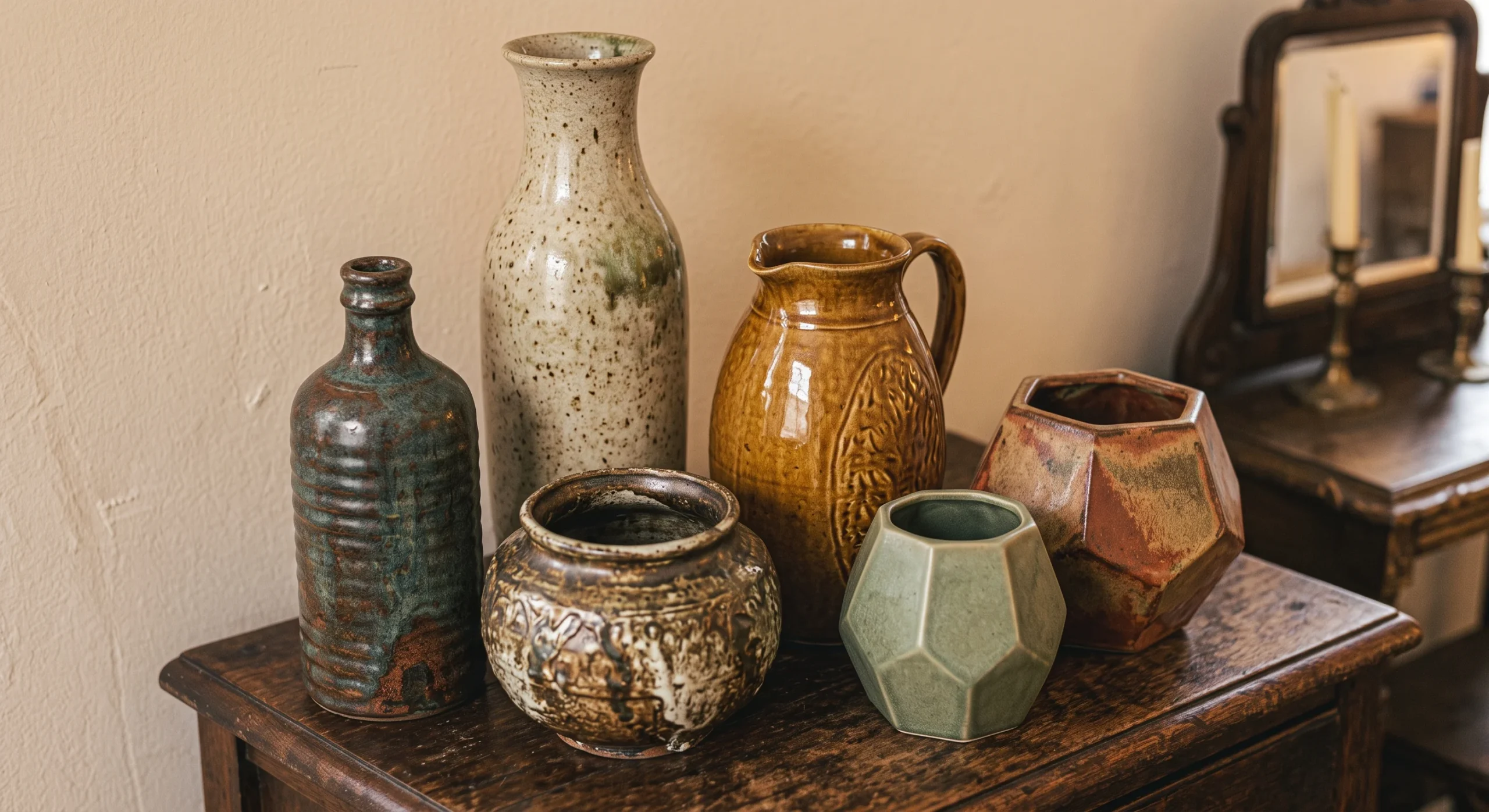 A grouping of glazed ceramic vases in varying heights and earthy glaze tones arranged on a wooden shelf, warm natural light casting soft shadows, close overhead shot emphasizing the different textures and forms together.