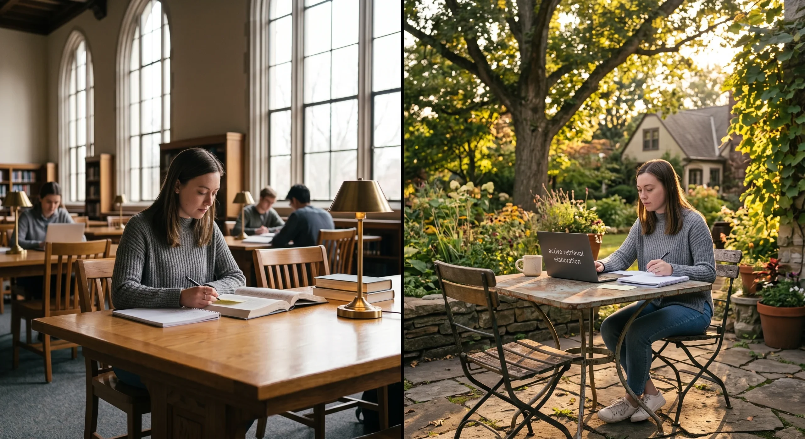 A split visual of the same student studying in two different settings, a library table and a backyard patio, contrasting natural light in each, wide comparative shot emphasizing the varied environments.