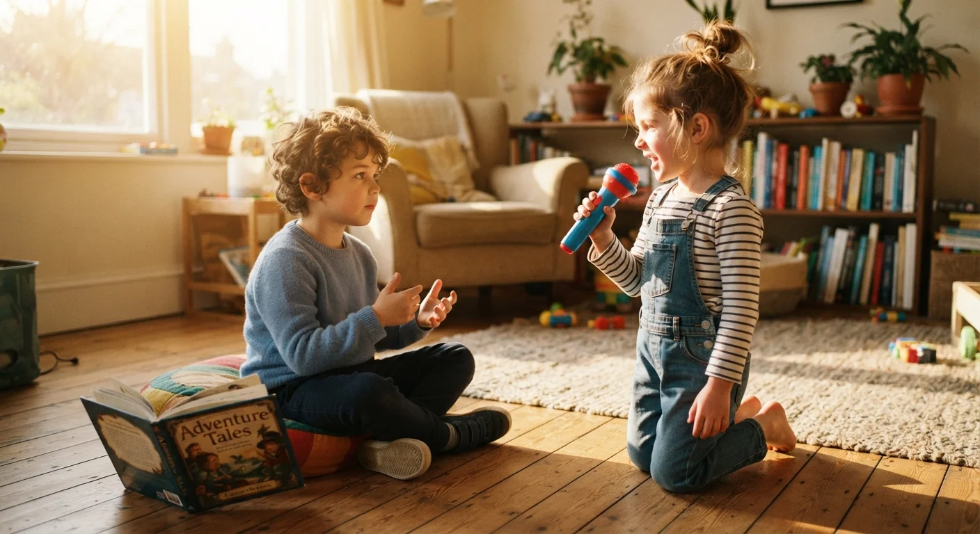 Two children acting out an interview, one holding a toy microphone and the other answering, with a book nearby
