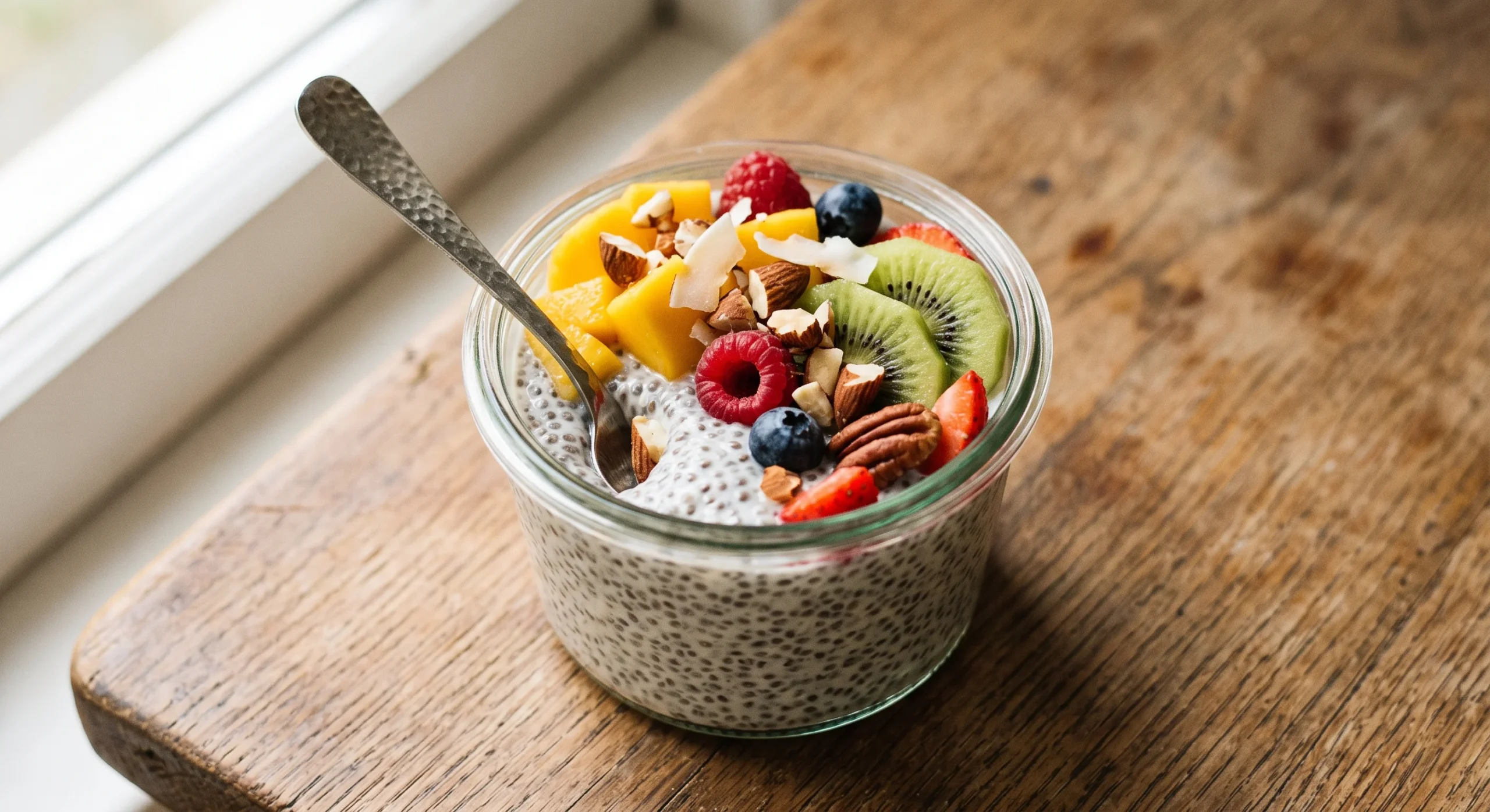 A small glass jar of thick chia seed pudding topped with sliced fresh fruit and a sprinkle of nuts, soft morning window light, close overhead composition emphasizing the pudding's texture.