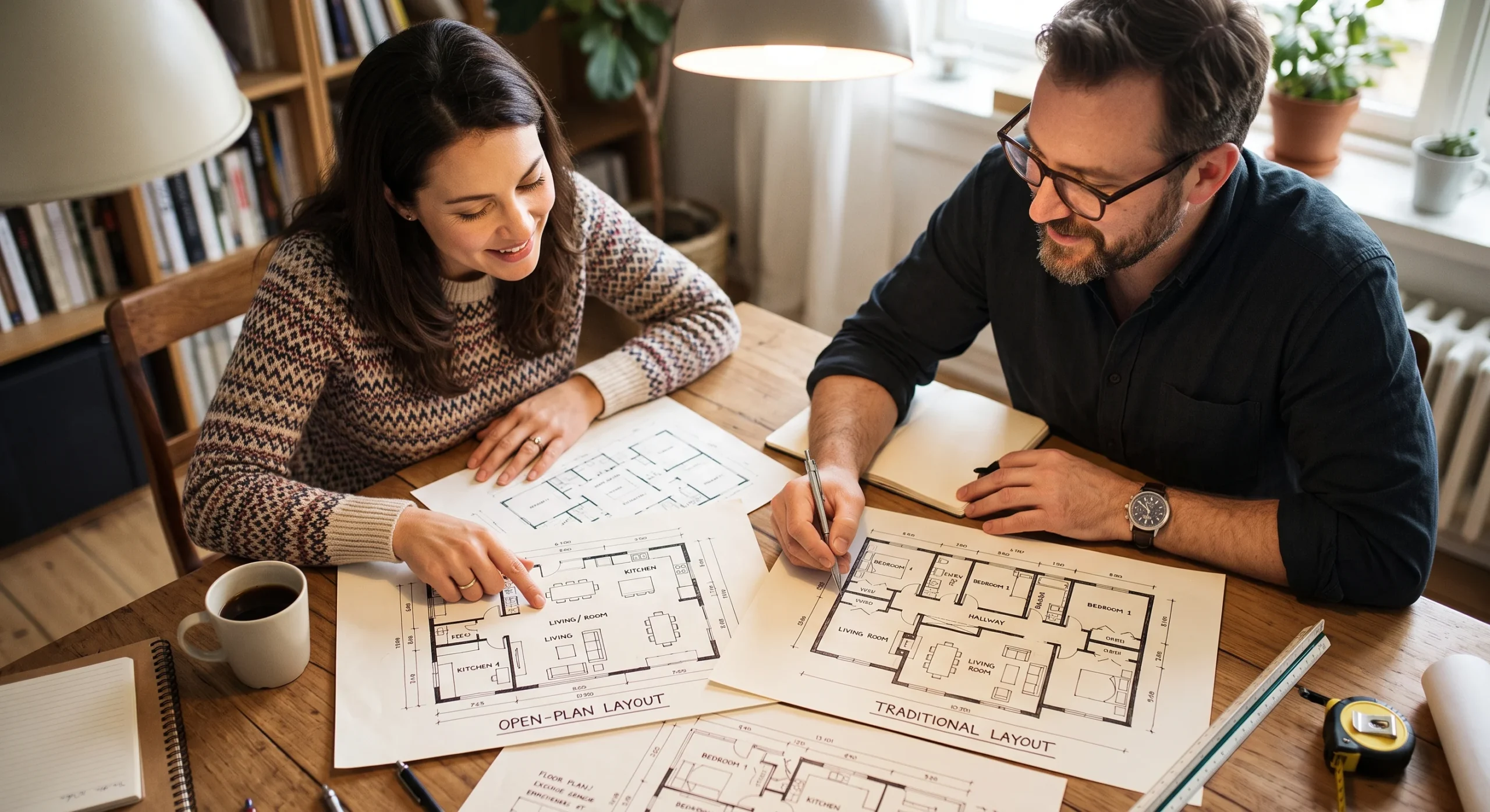 A homeowner and architect reviewing floor plan sketches together at a table, both open-plan and traditional layout options visible on paper, warm collaborative lighting, close overhead shot emphasizing the decision-making process.