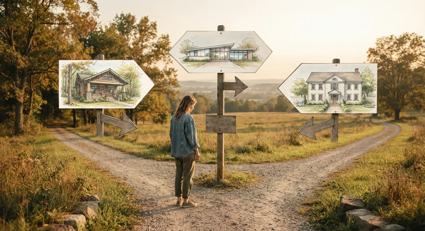 Wide photograph of a person standing at a crossroads-style pathway with three home style sketches visible on a nearby signpost, warm afternoon light, conceptual architectural decision-making photography composition.