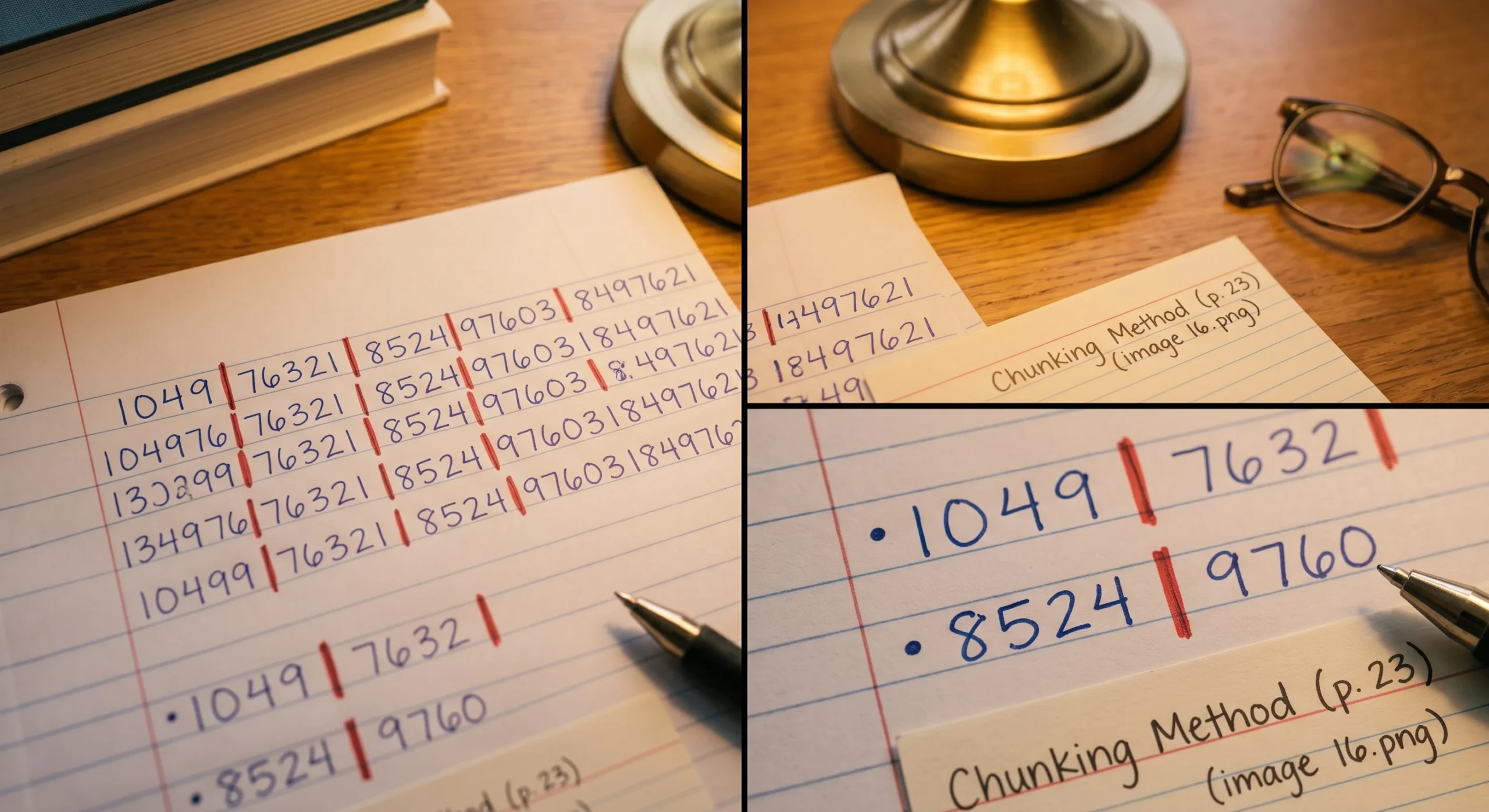 A long number sequence being grouped into smaller sets with dividing marks drawn between them on paper, warm desk light, close overhead shot emphasizing the grouped, chunked segments.