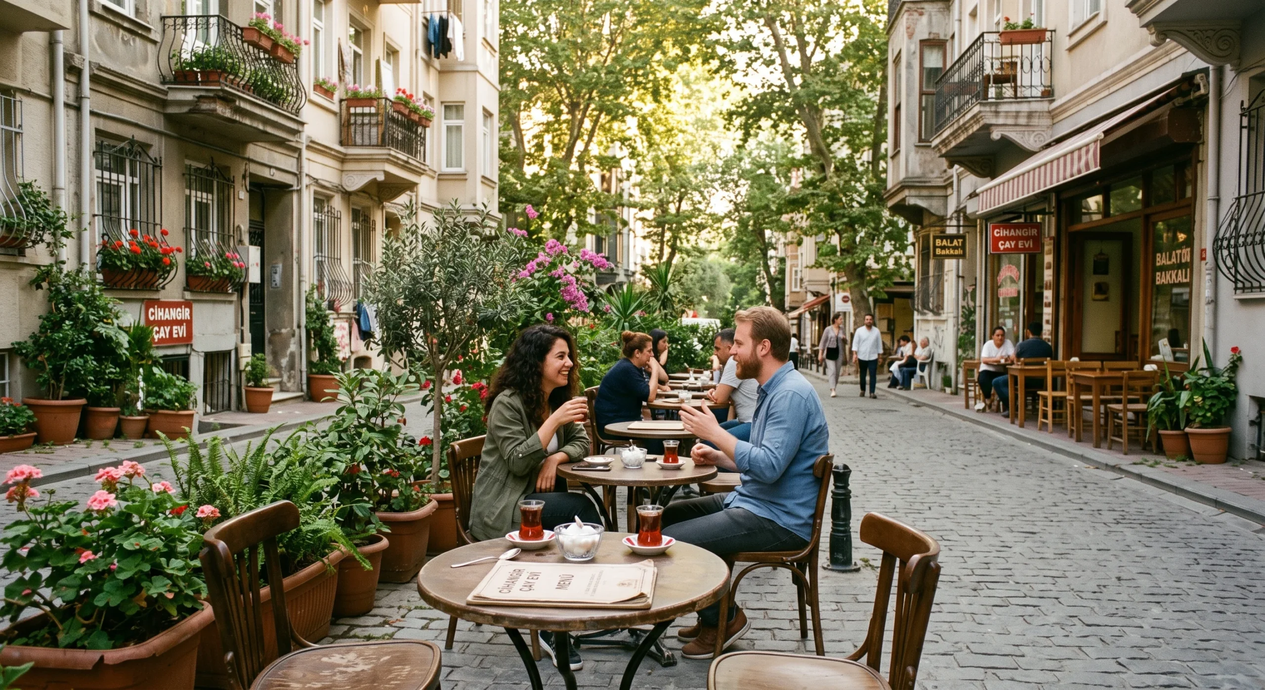 Cozy outdoor cafe seating on a quiet Cihangir street, small round tables with Turkish tea glasses, potted plants lining the sidewalk, soft afternoon light filtering through nearby trees, relaxed candid neighborhood atmosphere.