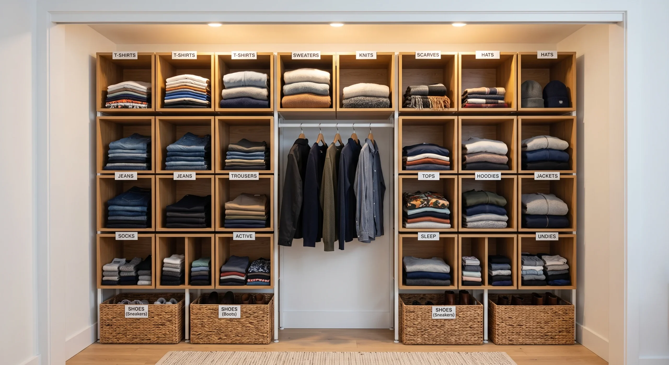 An open reach-in closet fitted with a modular shelving insert, folded clothing organized in labeled cubbies, soft overhead light, straight-on shot showing the closet's full height utilized from floor to ceiling.