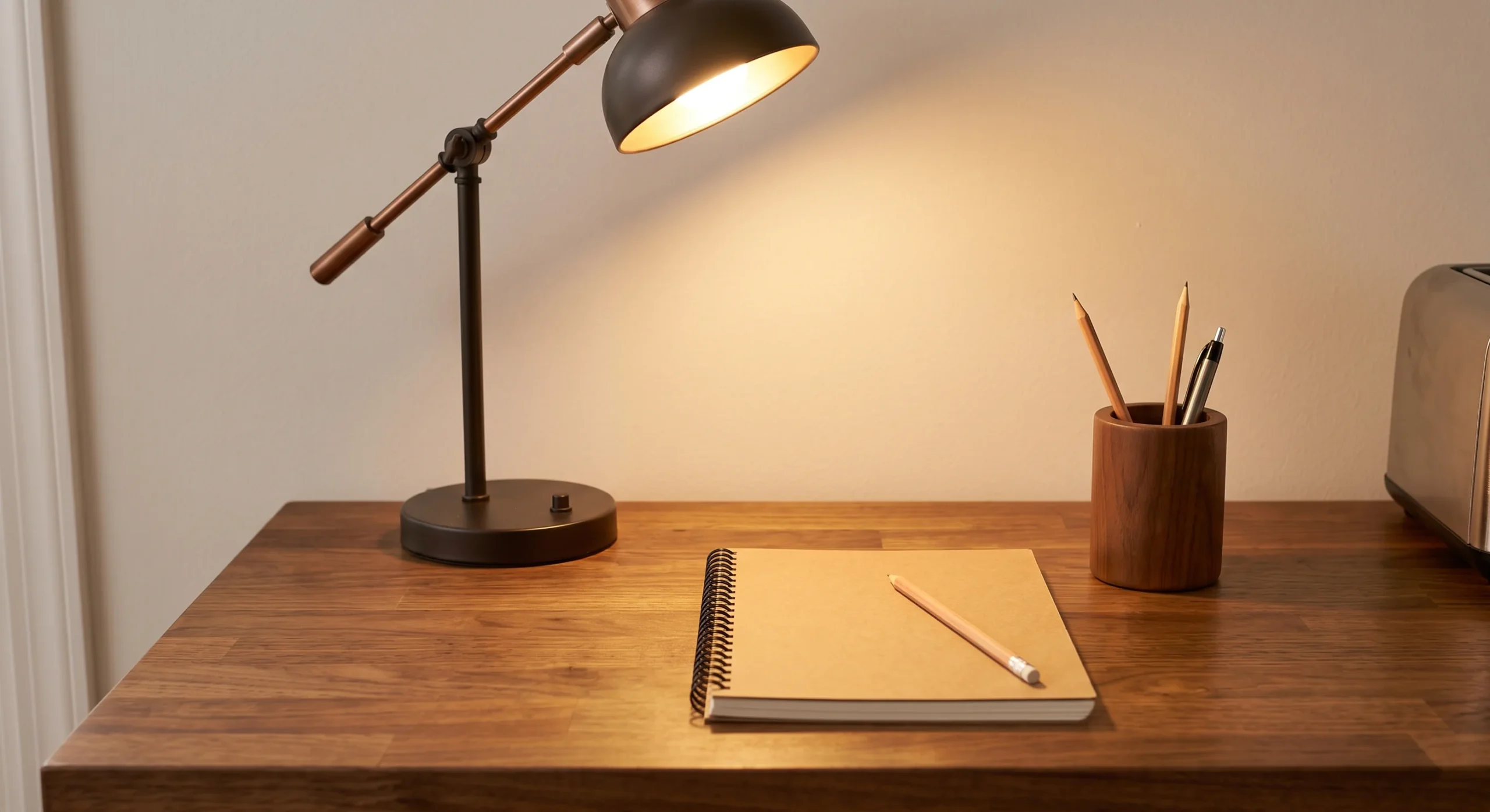 A tidy homework desk with only a lamp, a single notebook, and a pencil cup visible, everything else cleared away, warm desk light, close overhead shot emphasizing the minimal, uncluttered surface.
