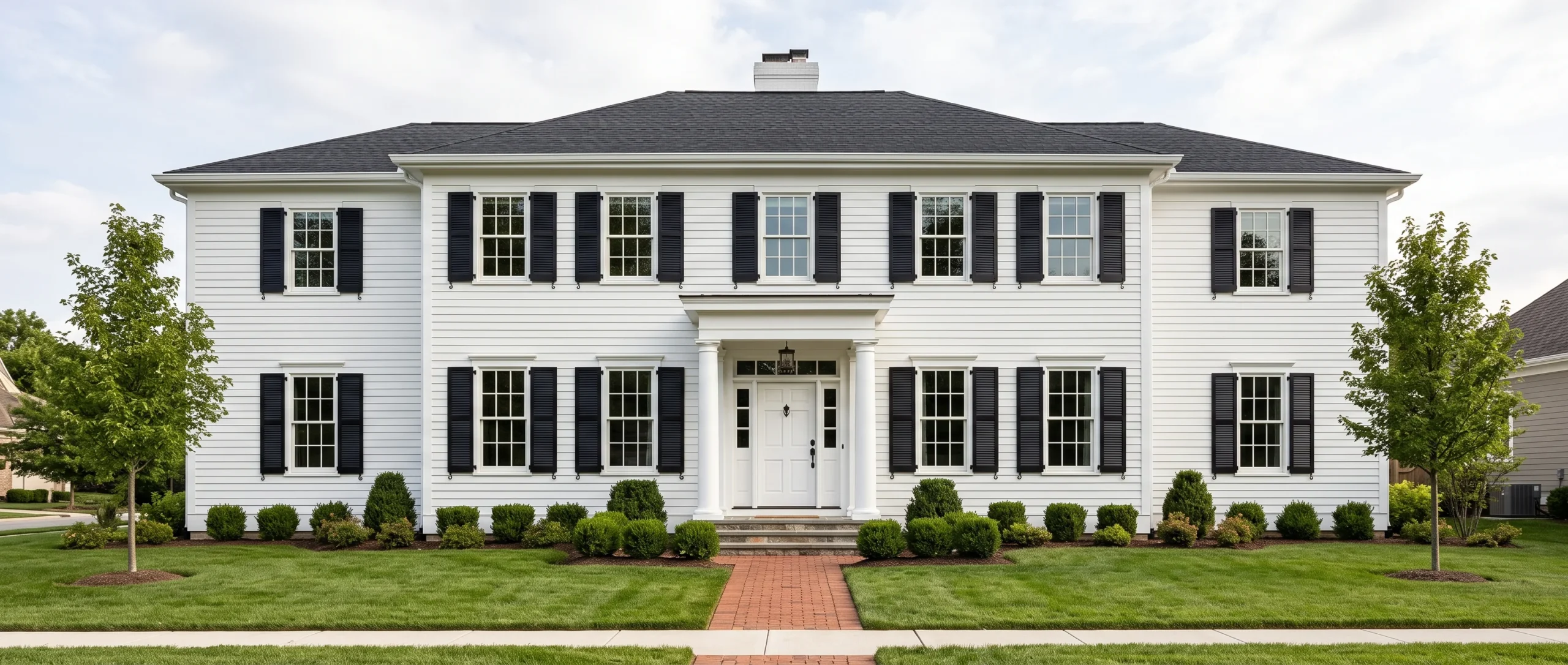 A symmetrical white Colonial facade with black shutters, a centered front door flanked by columns, evenly spaced multi-pane windows, soft midday light, straight-on architectural elevation shot emphasizing the strict symmetry.