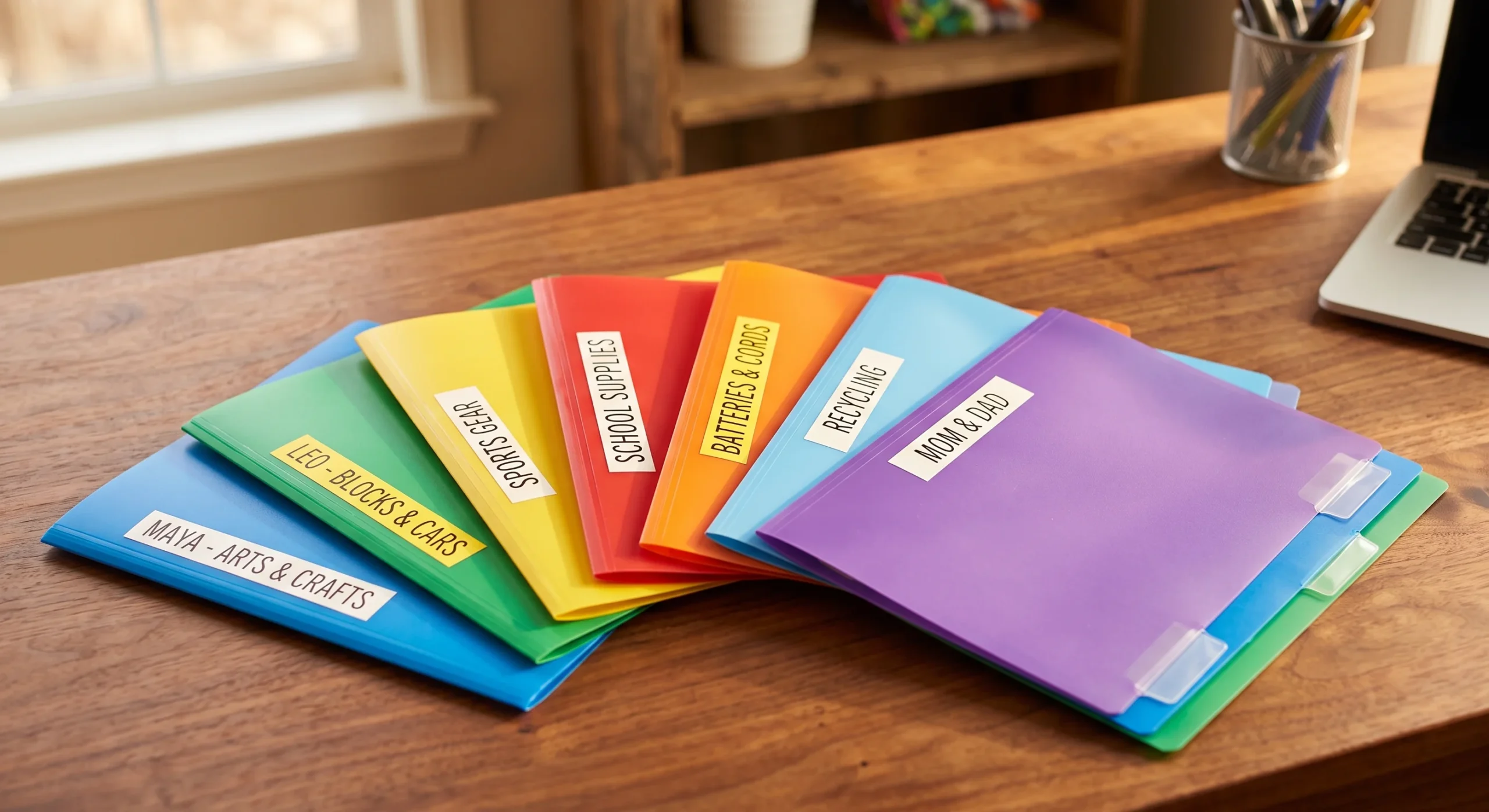 A stack of folders in different solid colors, each labeled with a subject or family member's name, spread fanned out on a desk, warm afternoon light, close overhead shot emphasizing the distinct color coding.