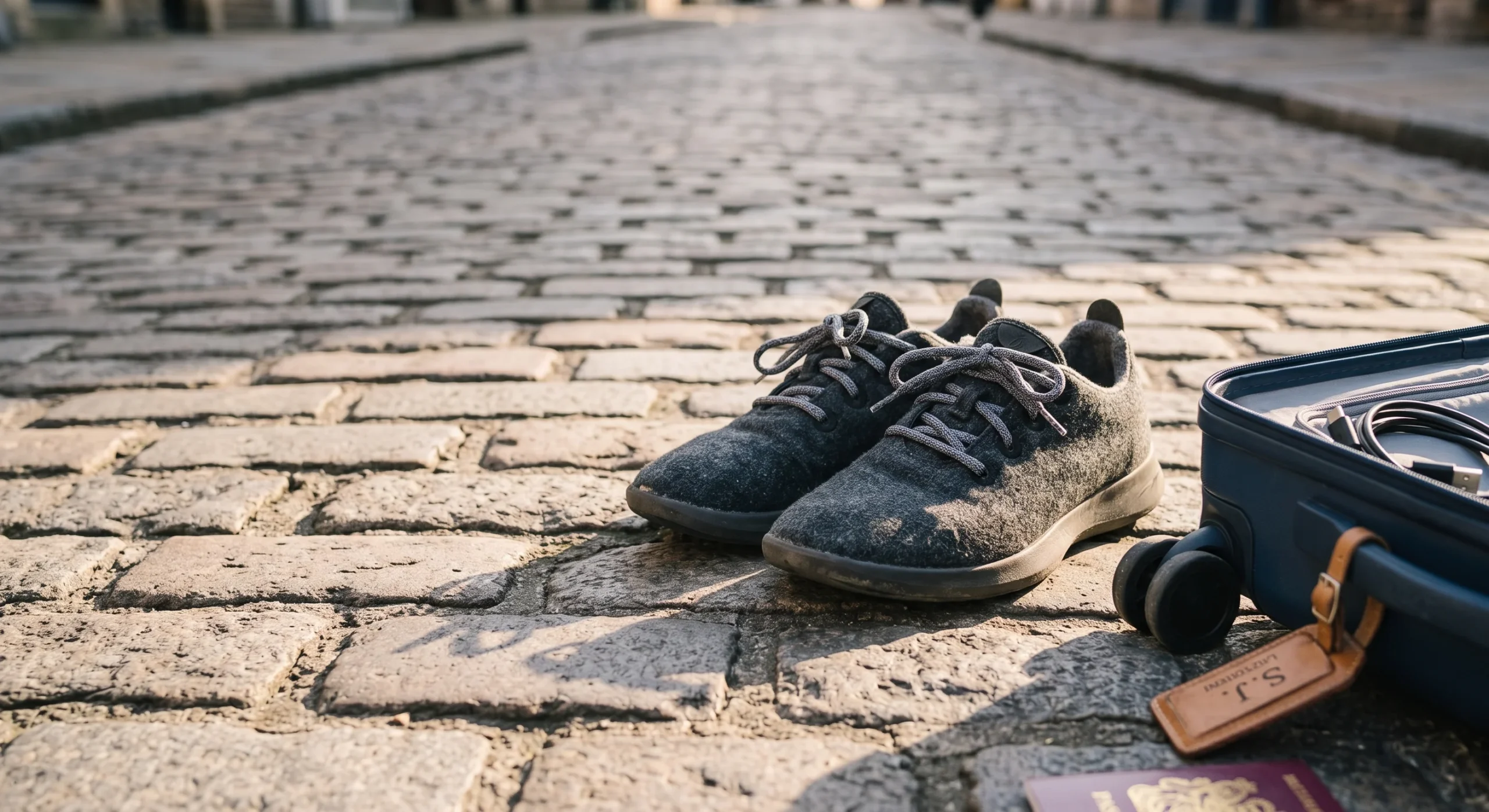 A worn-in pair of neutral walking shoes resting on cobblestone pavement, soft afternoon light, a suitcase wheel and shadow visible at the edge of frame, candid street-level travel photography angle.