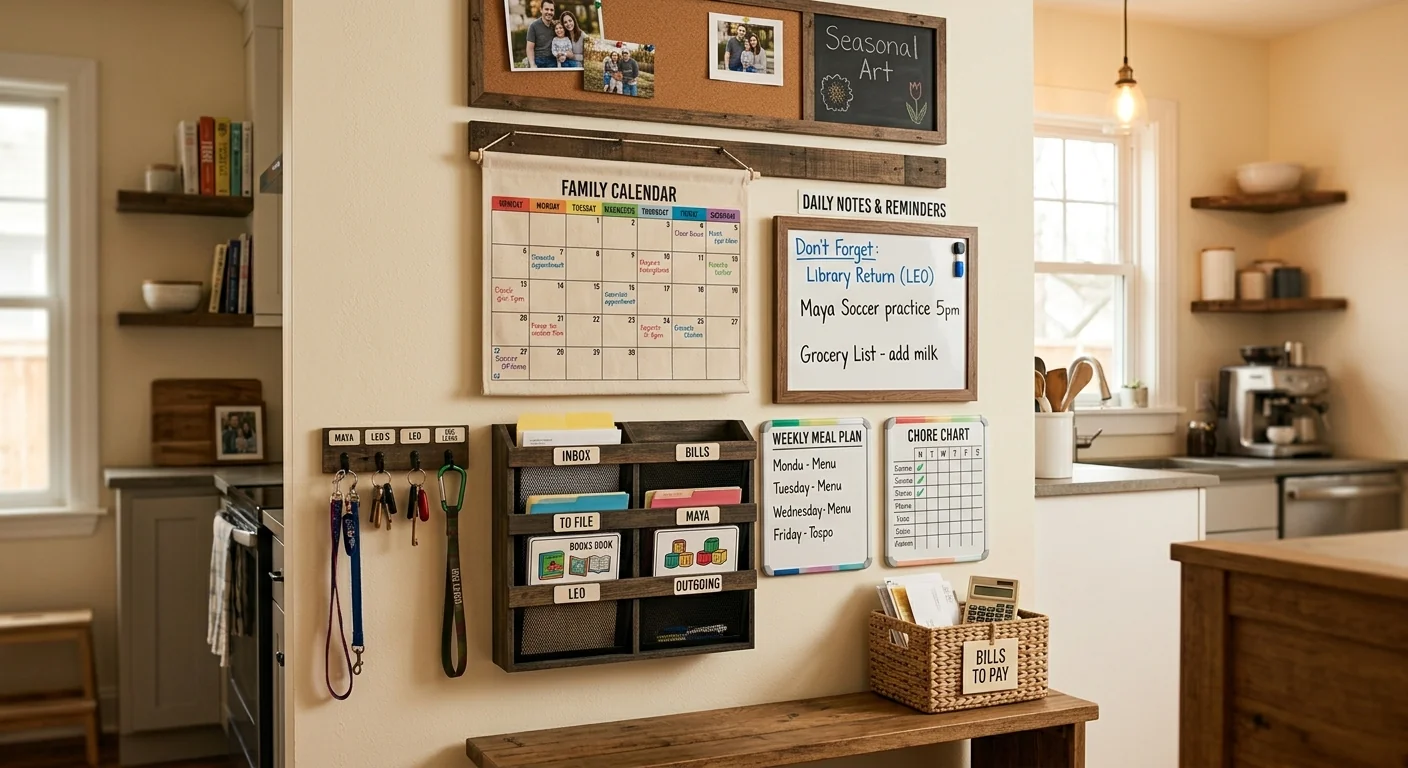 A dedicated family command center wall with a calendar, a mail sorter, and a small whiteboard for reminders, warm kitchen light, wide shot emphasizing the organized cluster of household information tools.