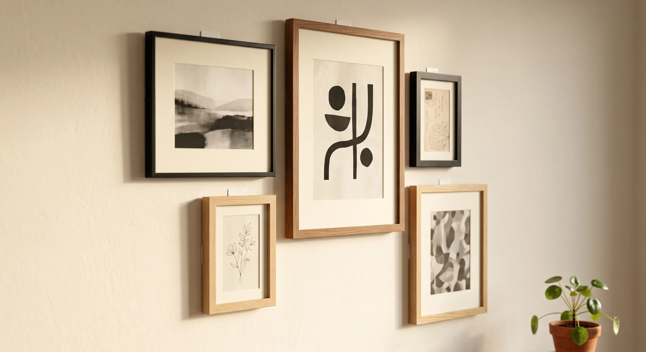 Close-up of a cream apartment wall with five mixed-size black and wood frames arranged in an asymmetric grid, adhesive strips barely visible behind each frame, soft window light raking across the wall at a low afternoon angle, a small potted plant in the corner.