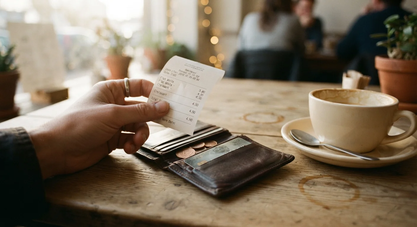 Close-up of a hand holding a printed receipt next to a nearly empty wallet on a cafe table, soft warm afternoon light, a half-finished coffee beside it, candid documentary composition emphasizing the everyday moment.