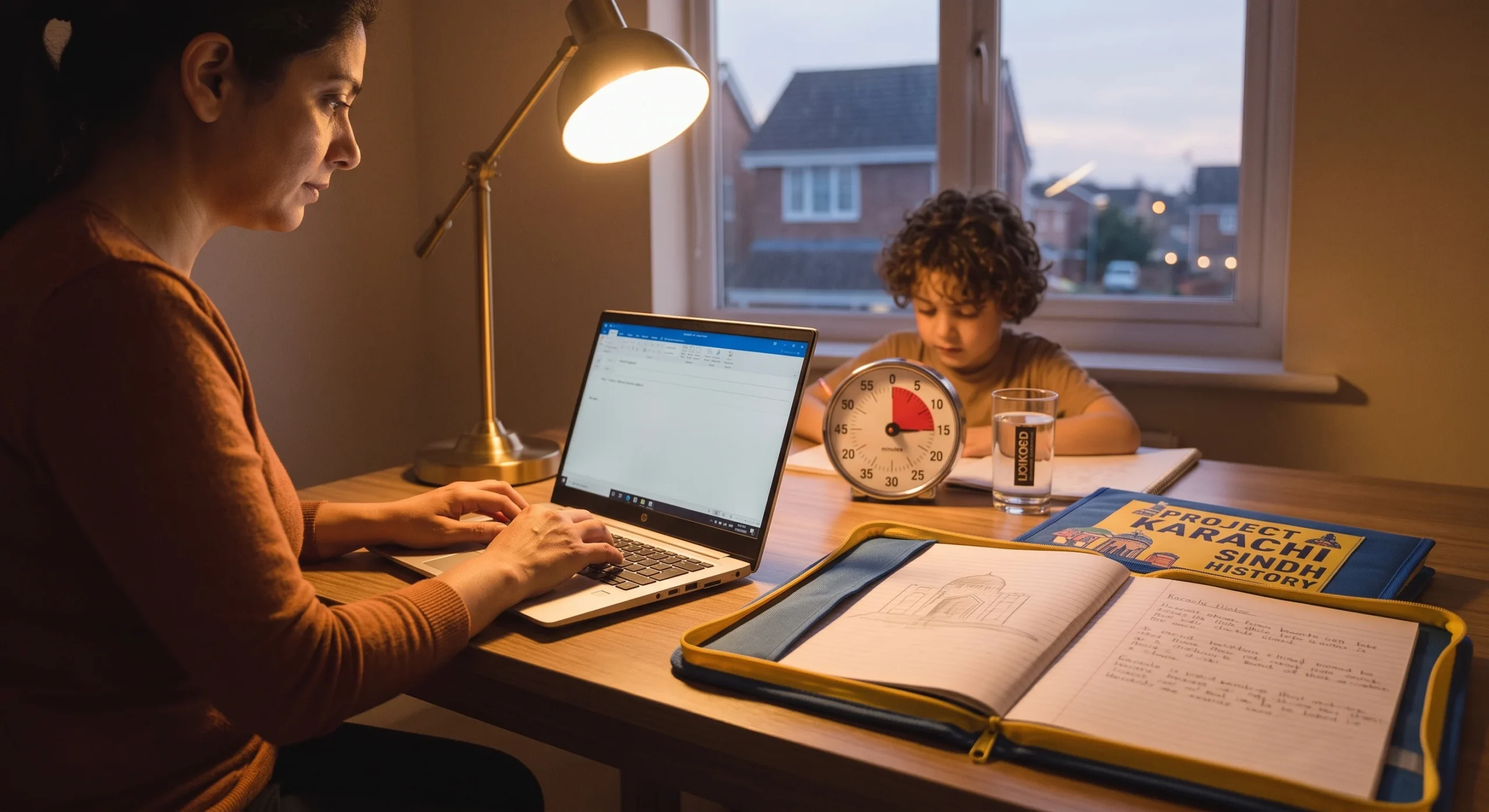A parent typing a short email on a laptop at a kitchen table in the evening, a child's homework folder visible nearby, warm lamp light, close angled shot emphasizing the laptop screen and the folder together.