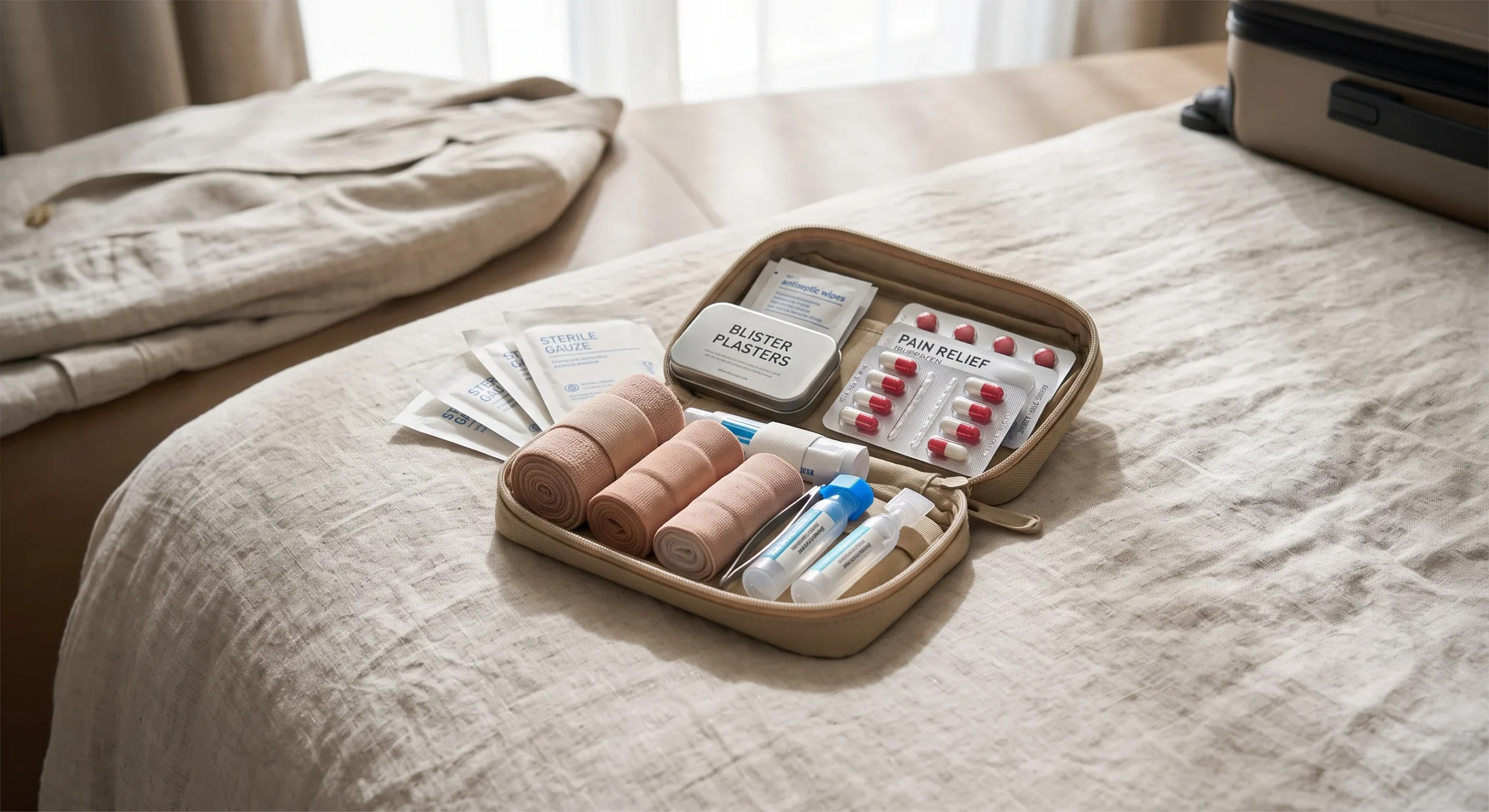 A small open first-aid pouch with bandages, blister plasters, and pain relievers arranged neatly on a hotel bedspread, soft natural light, practical minimal close-up composition emphasizing organization.