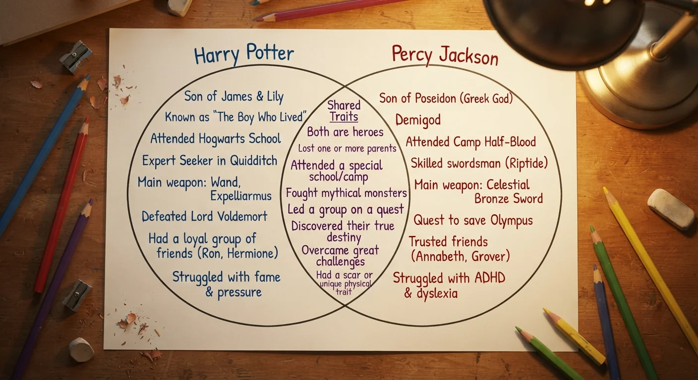 Venn diagram of two overlapping circles drawn on paper and filled with handwritten notes, beside colored pencils