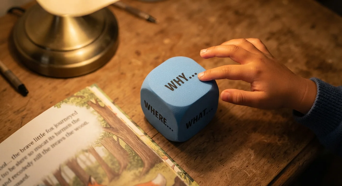 Foam question cube resting beside an open book, with a child's hand reaching to roll it