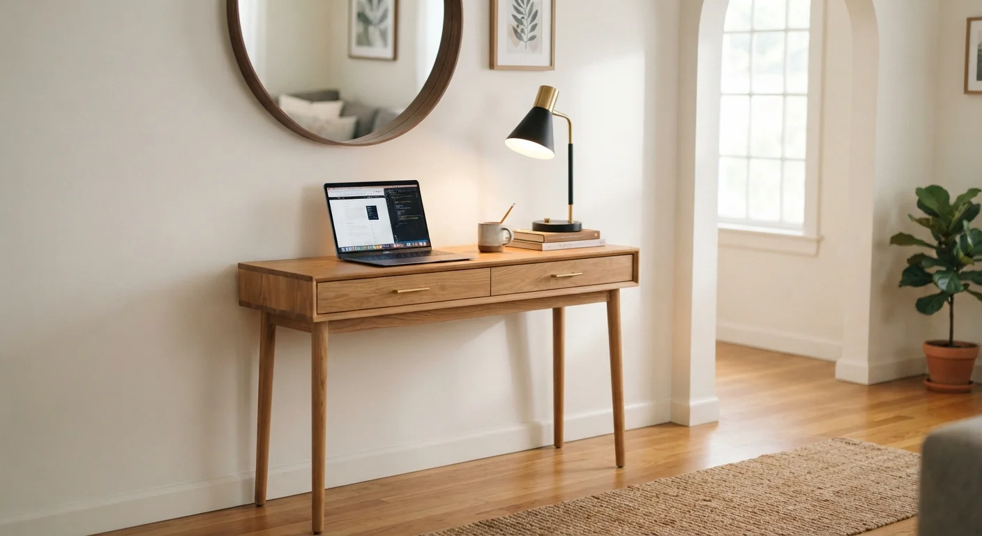 Eye-level shot of a slim console desk table against a hallway wall, a laptop and desk lamp on top, soft natural window light falling across the narrow wood surface.