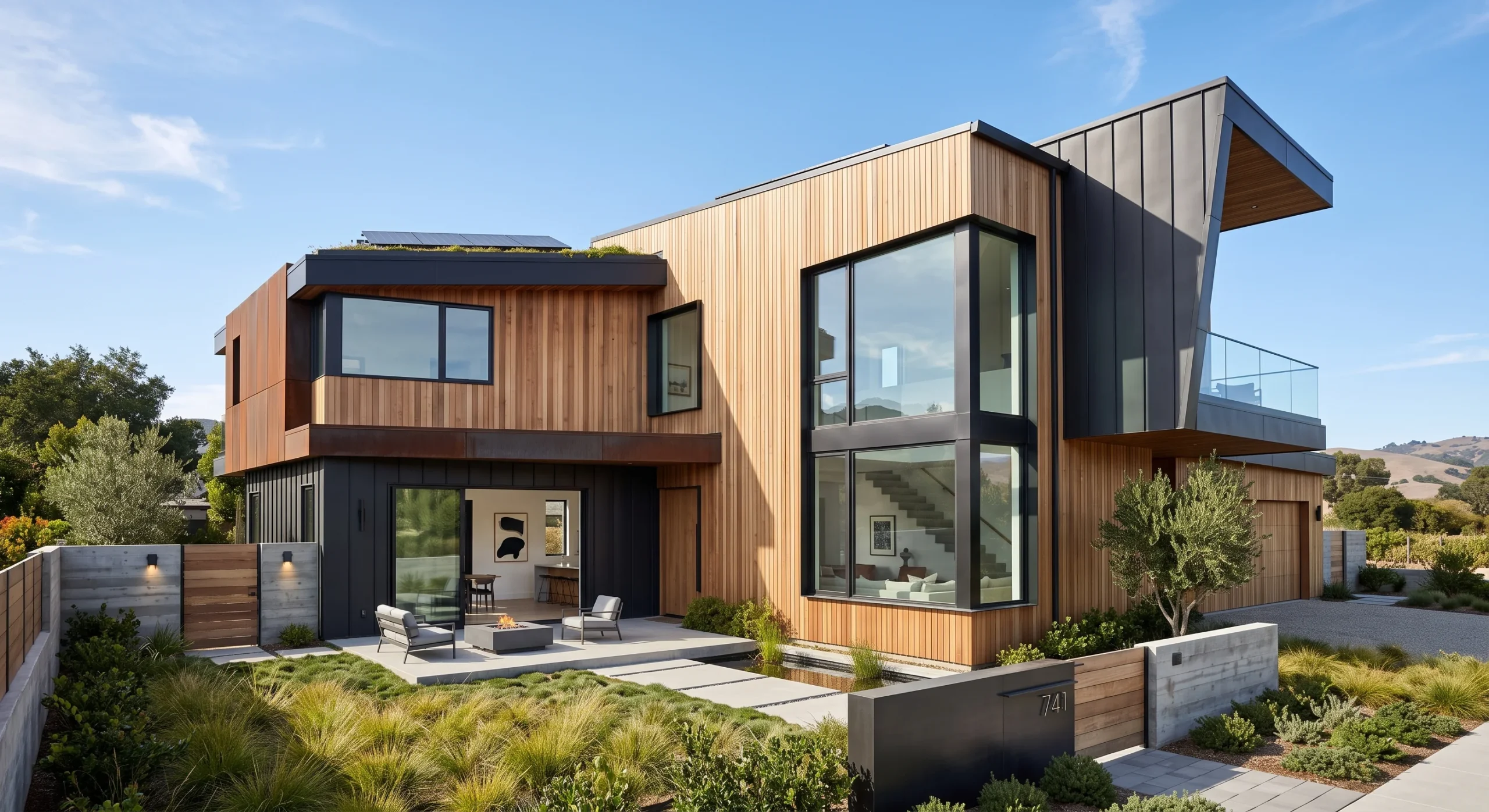 A Contemporary home with an irregular geometric massing, mixed cladding materials including wood and metal panel, large asymmetrical window openings, a flat roof section, bright clean daylight, angled shot capturing the varied volumes.