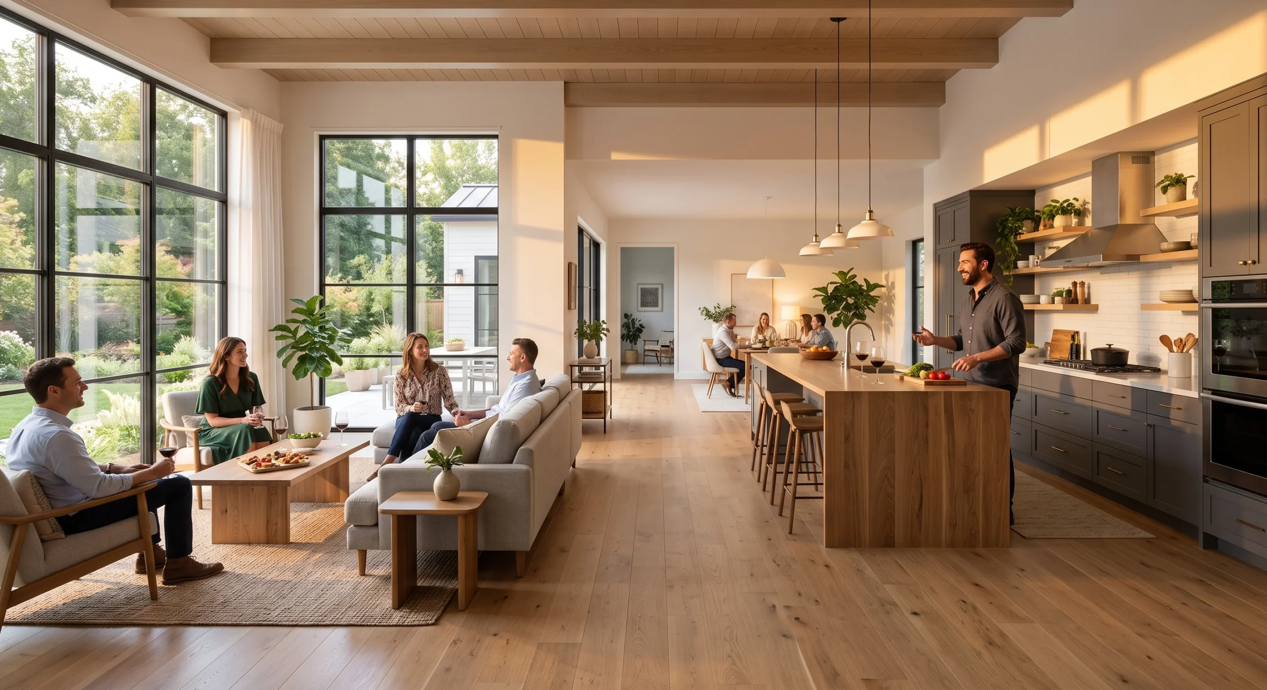 A host standing at a kitchen island in an open floor plan, actively conversing with guests seated in the adjoining living room, warm evening light, wide shot capturing the uninterrupted sightline between cooking and socializing zones.