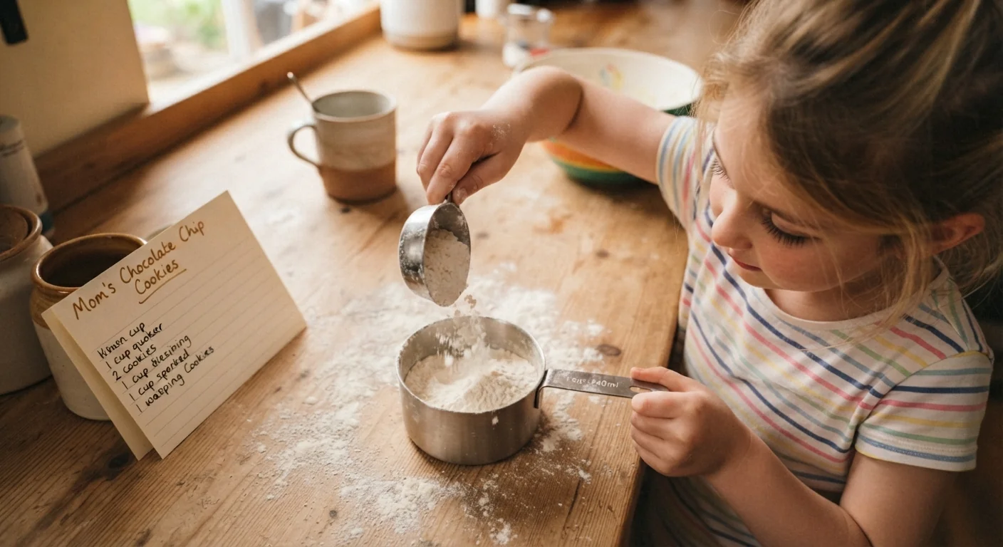 A child pouring flour into a measuring cup on a kitchen counter, a recipe card propped nearby, warm kitchen light, close overhead shot showing the measuring cup mid-pour.