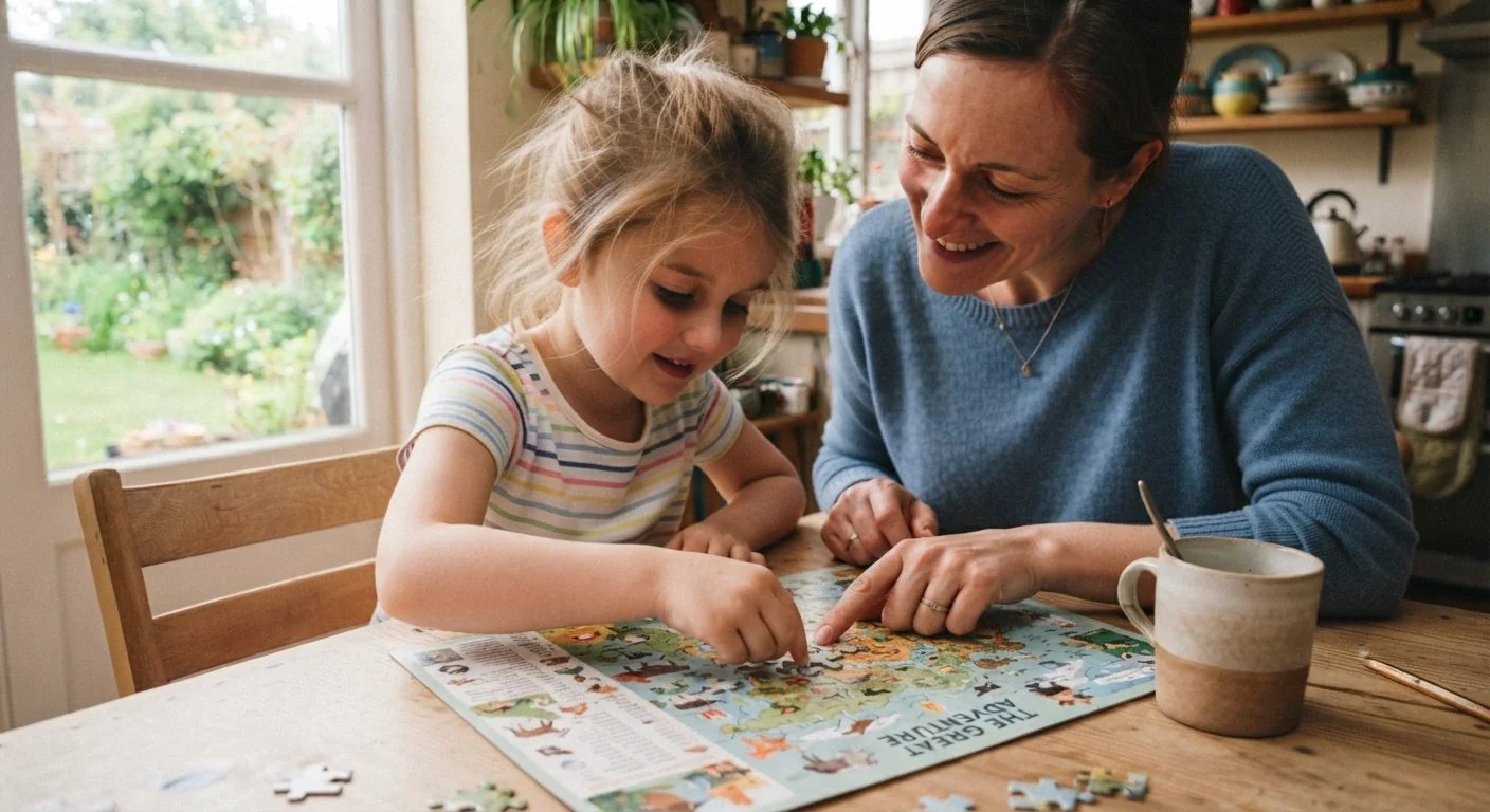 A parent and child working together on a puzzle sheet at a table, both leaning in with focused, relaxed expressions, soft daylight, close angled shot capturing the teamwork.