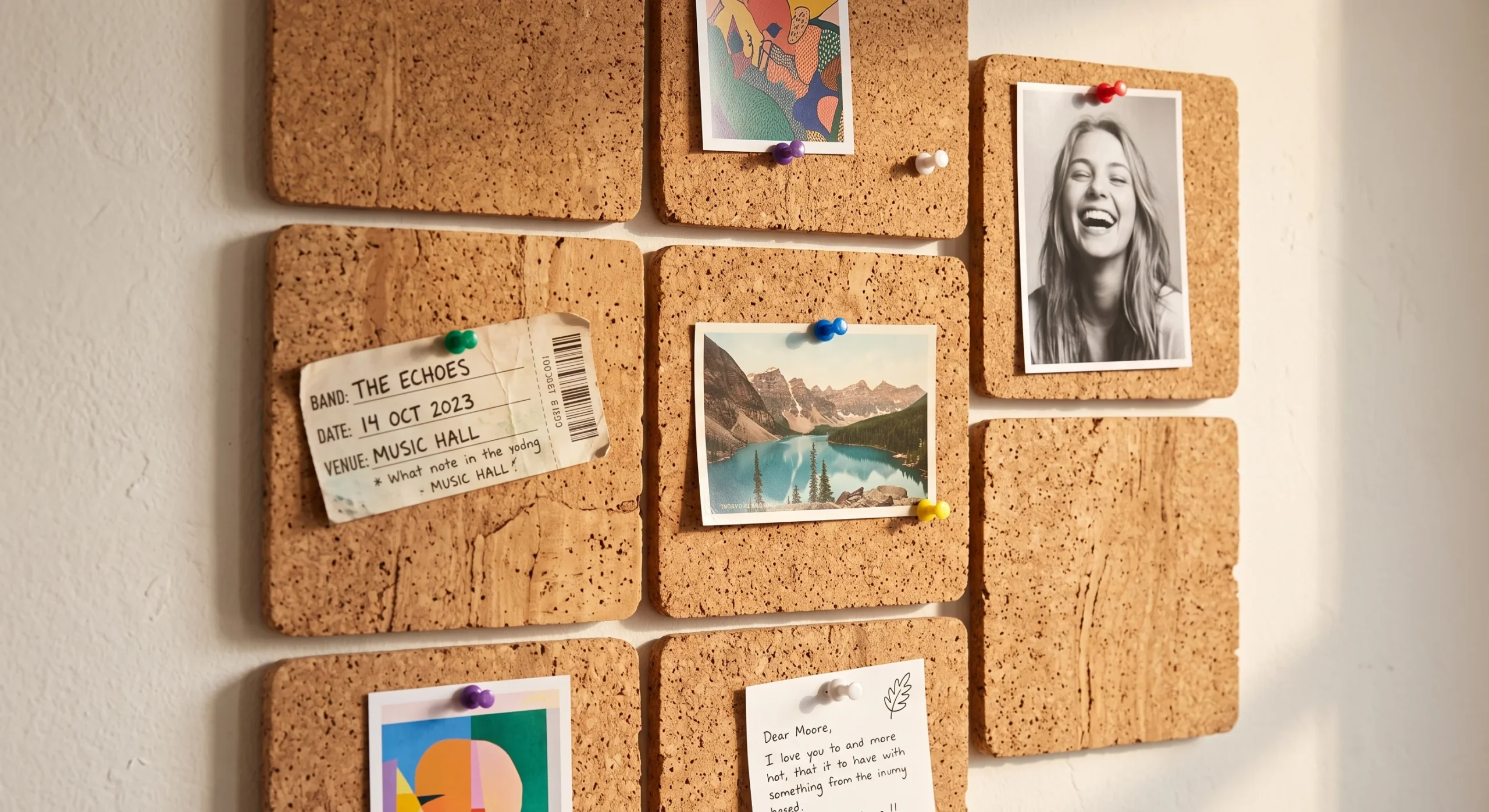 A cluster of natural cork tiles arranged in a loose grid on a pale wall, pinned with a few photos and a ticket stub, warm afternoon light, close shot showing the tan cork texture and pin detail clearly.